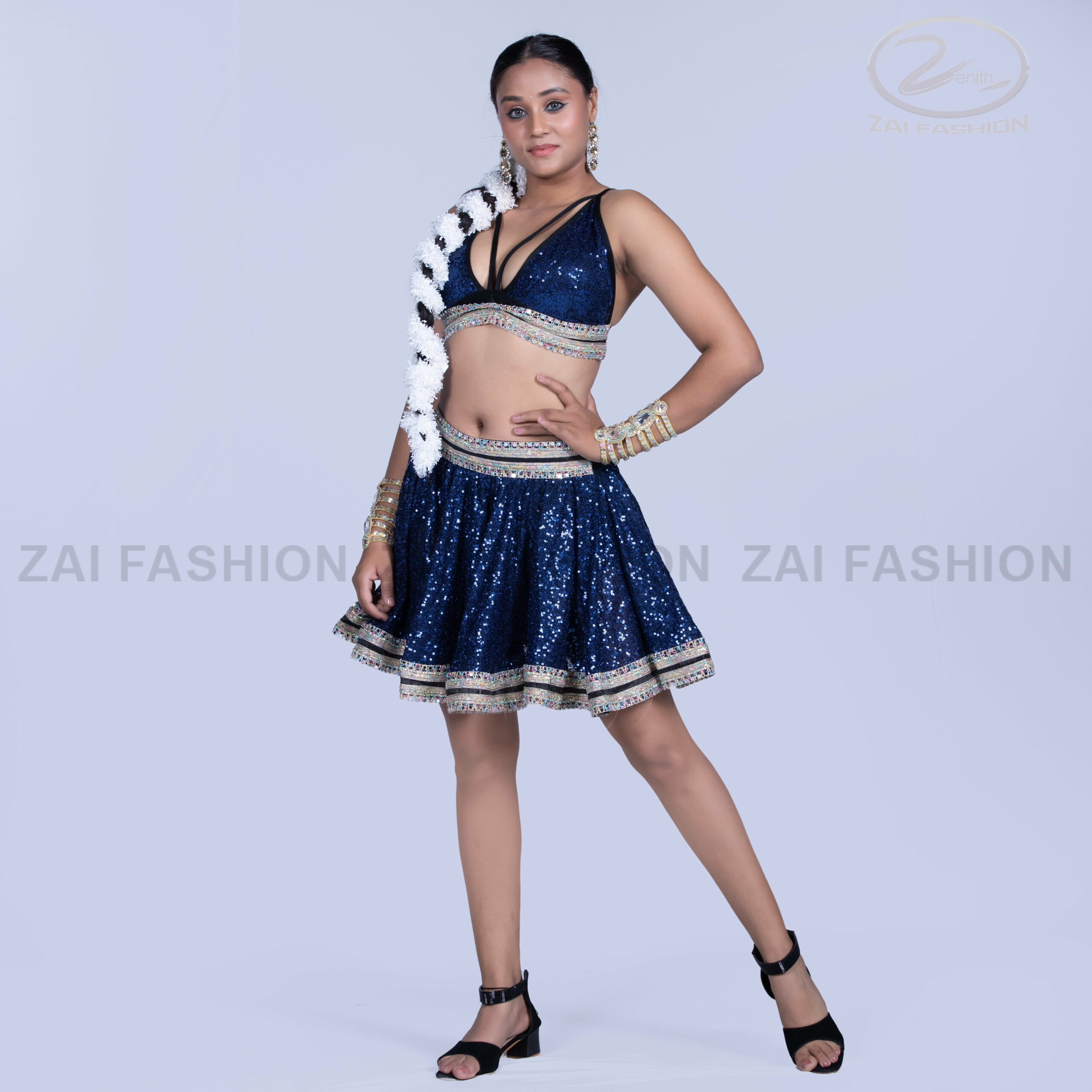 Royal Blue Sequin Tollywood Lehenga Set - Image 3
