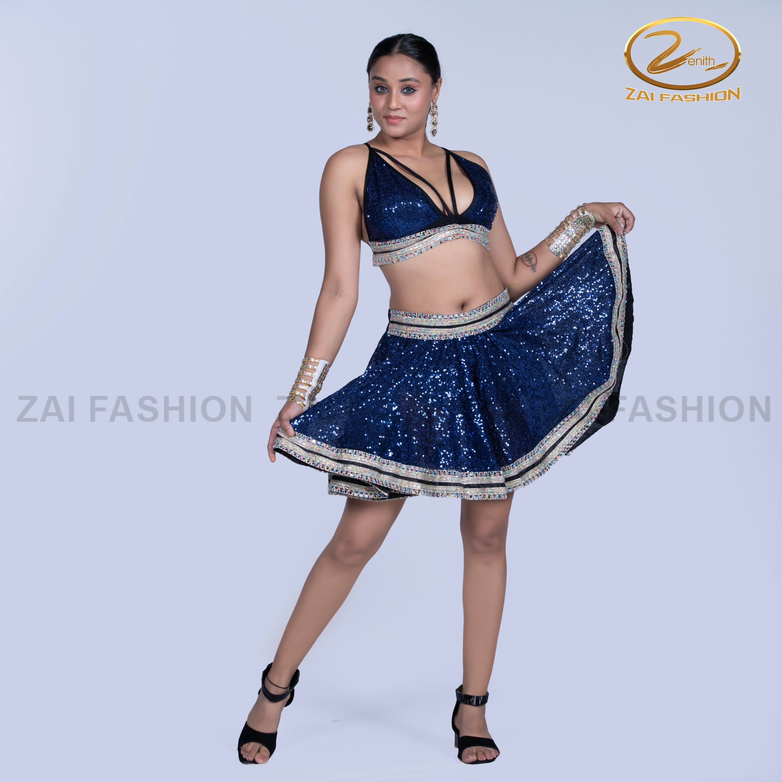 Royal Blue Sequin Tollywood Lehenga Set - Image 4
