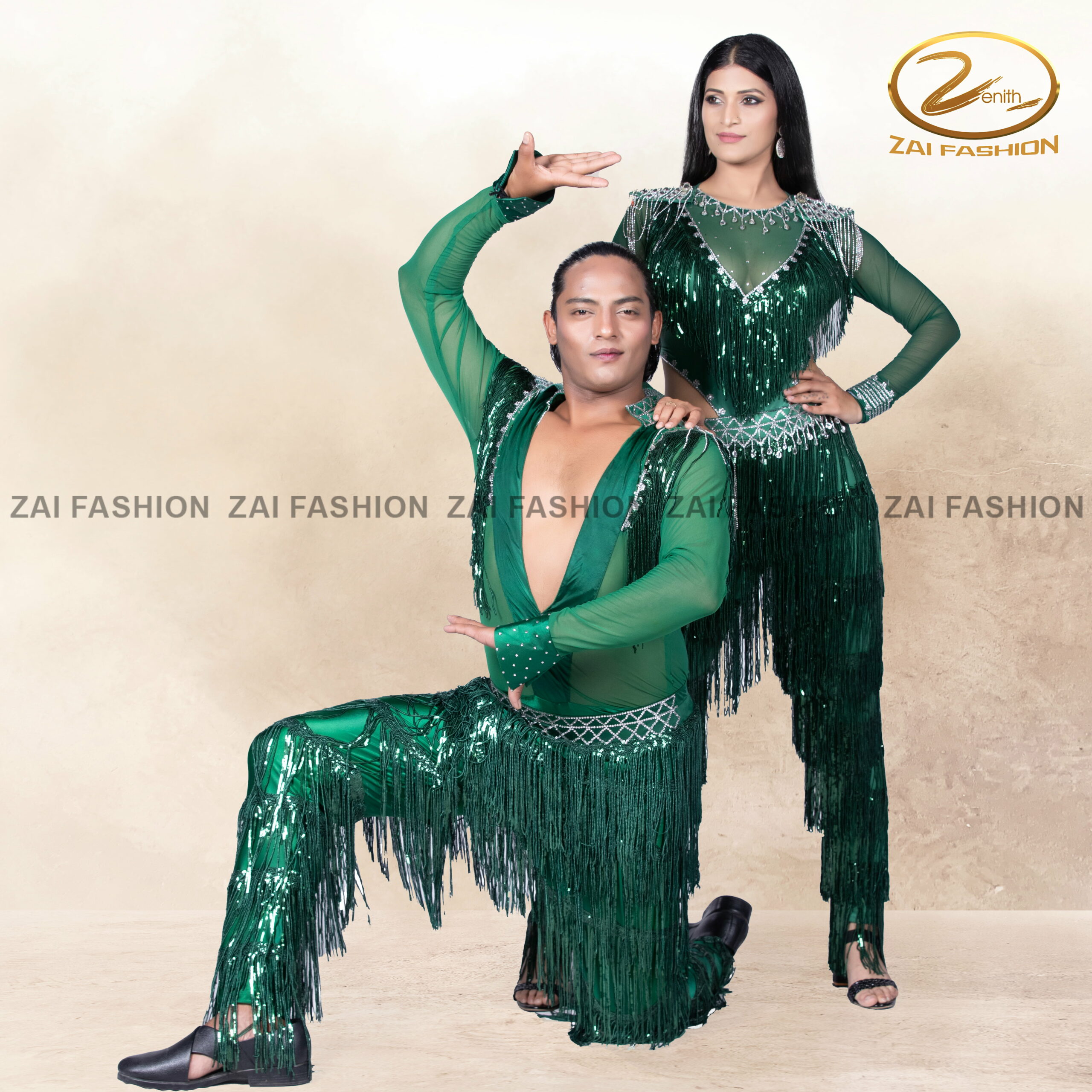 Green Tassel work Couple Bollywood Costume - Image 2