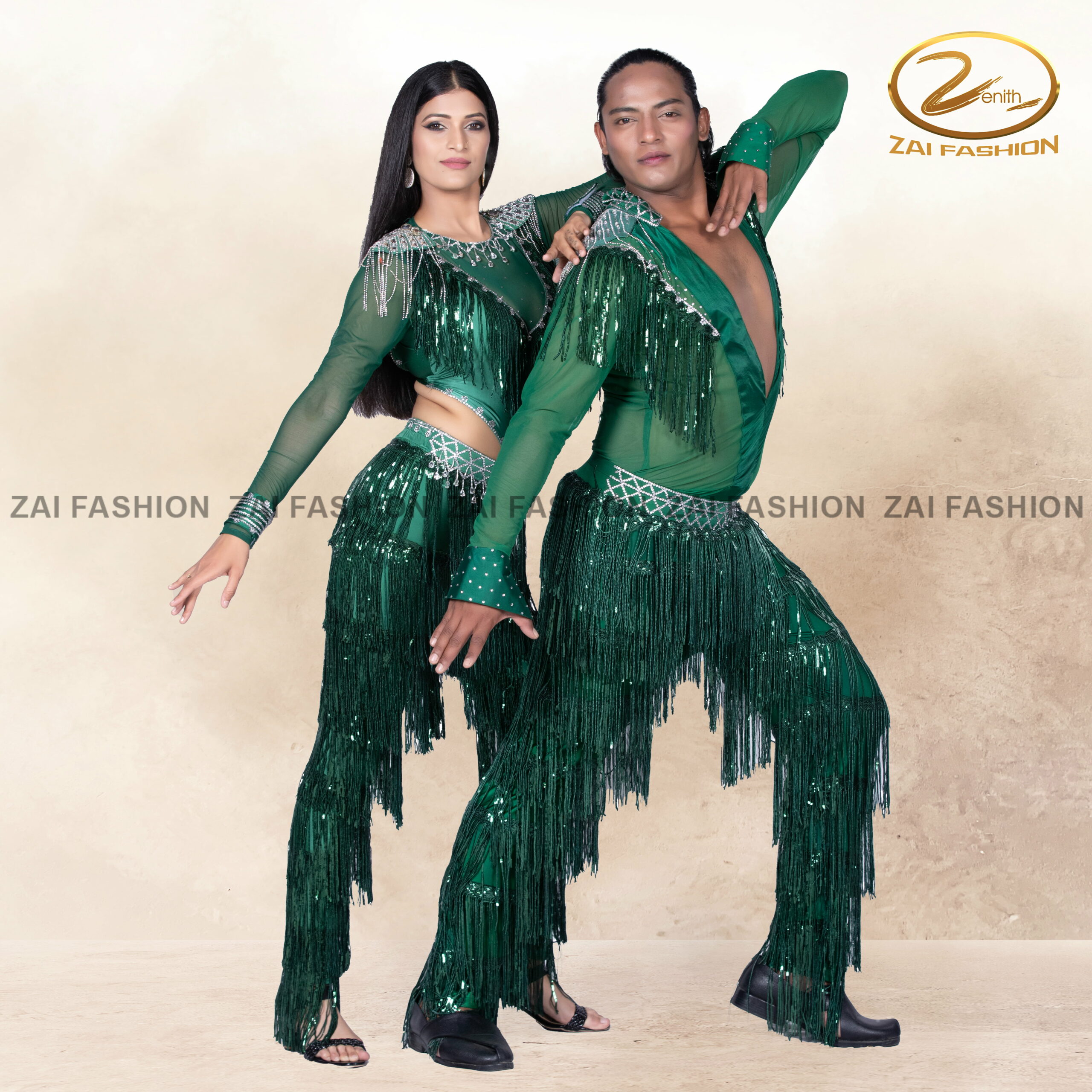 Green Tassel work Couple Bollywood Costume - Image 3