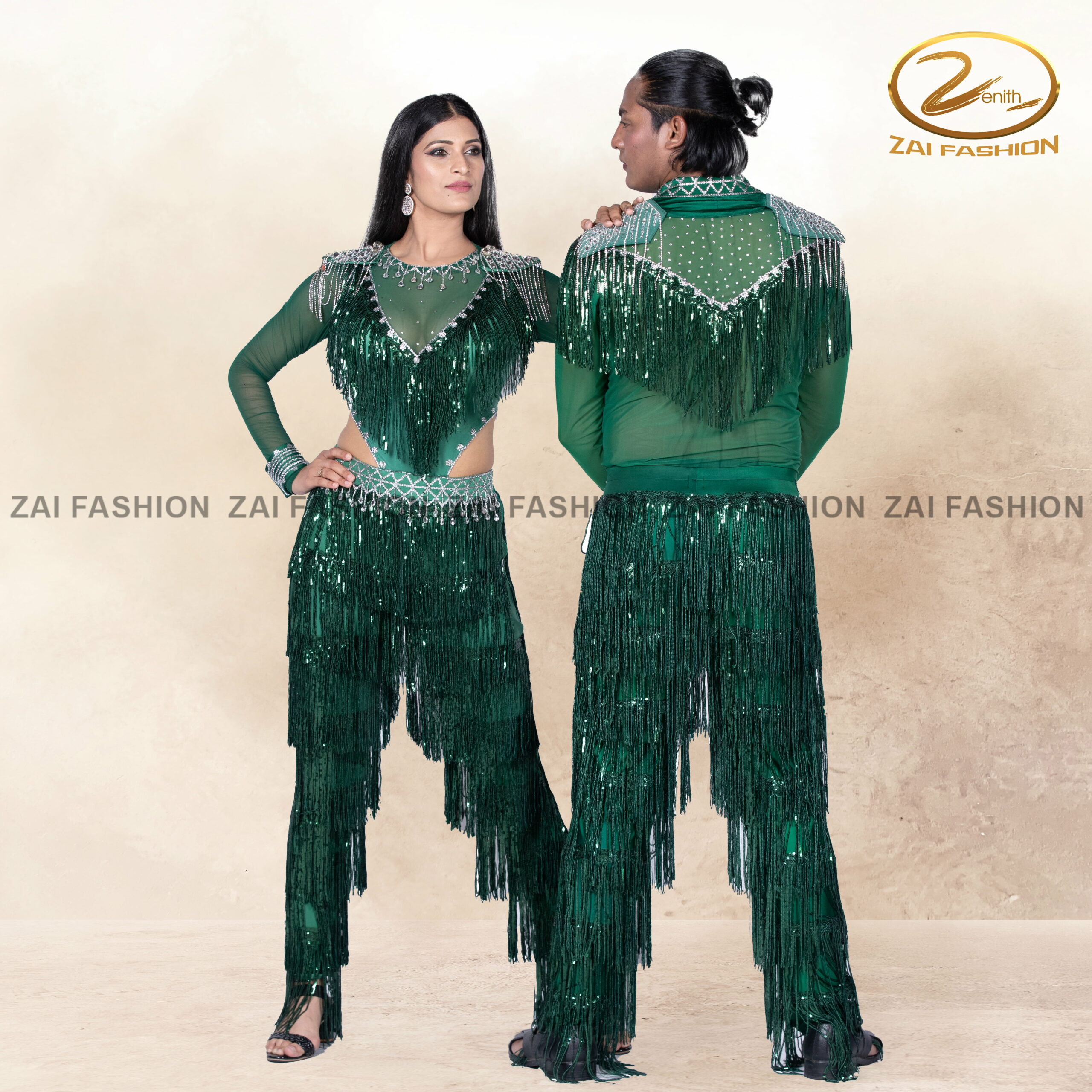 Green Tassel work Couple Bollywood Costume - Image 4