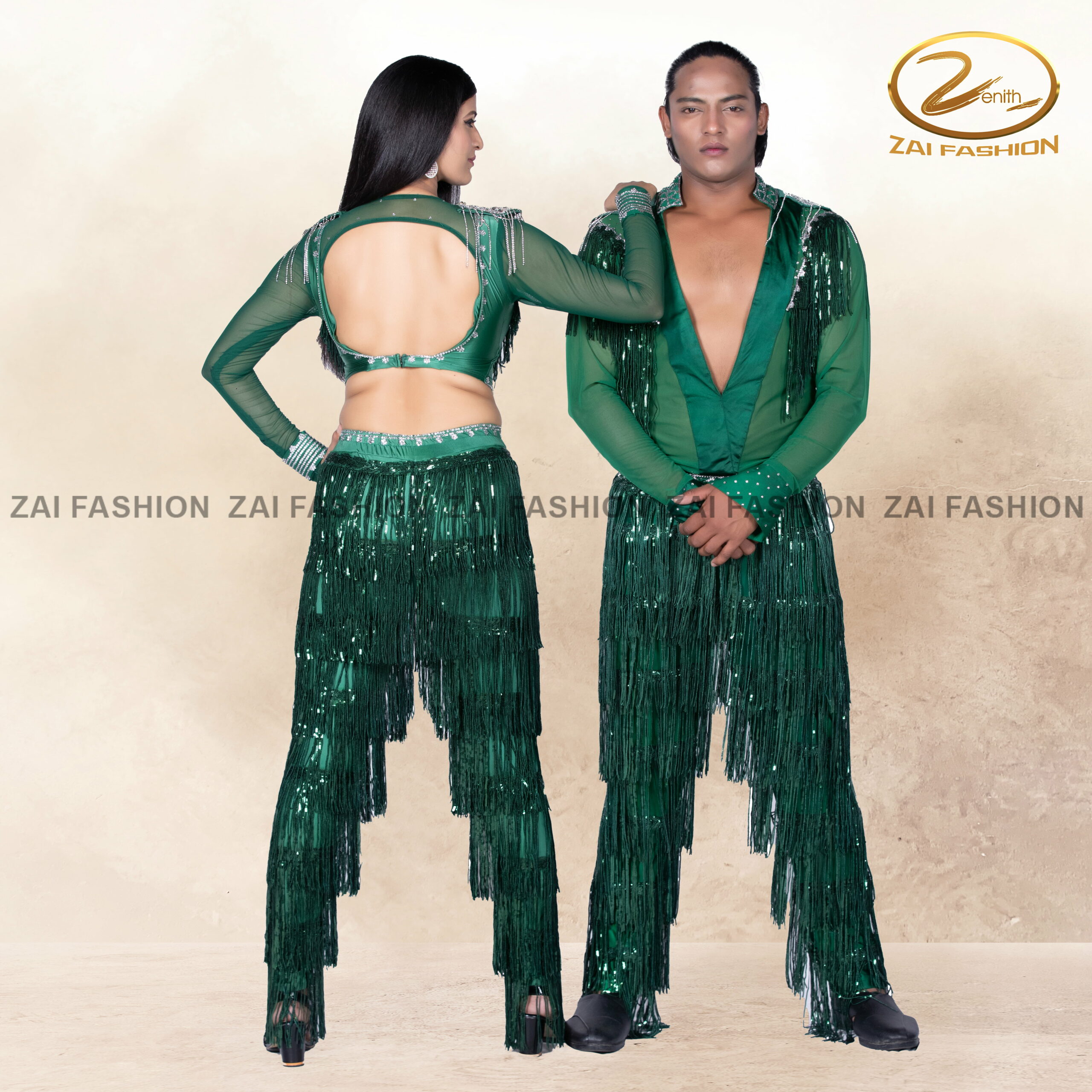 Green Tassel work Couple Bollywood Costume - Image 5