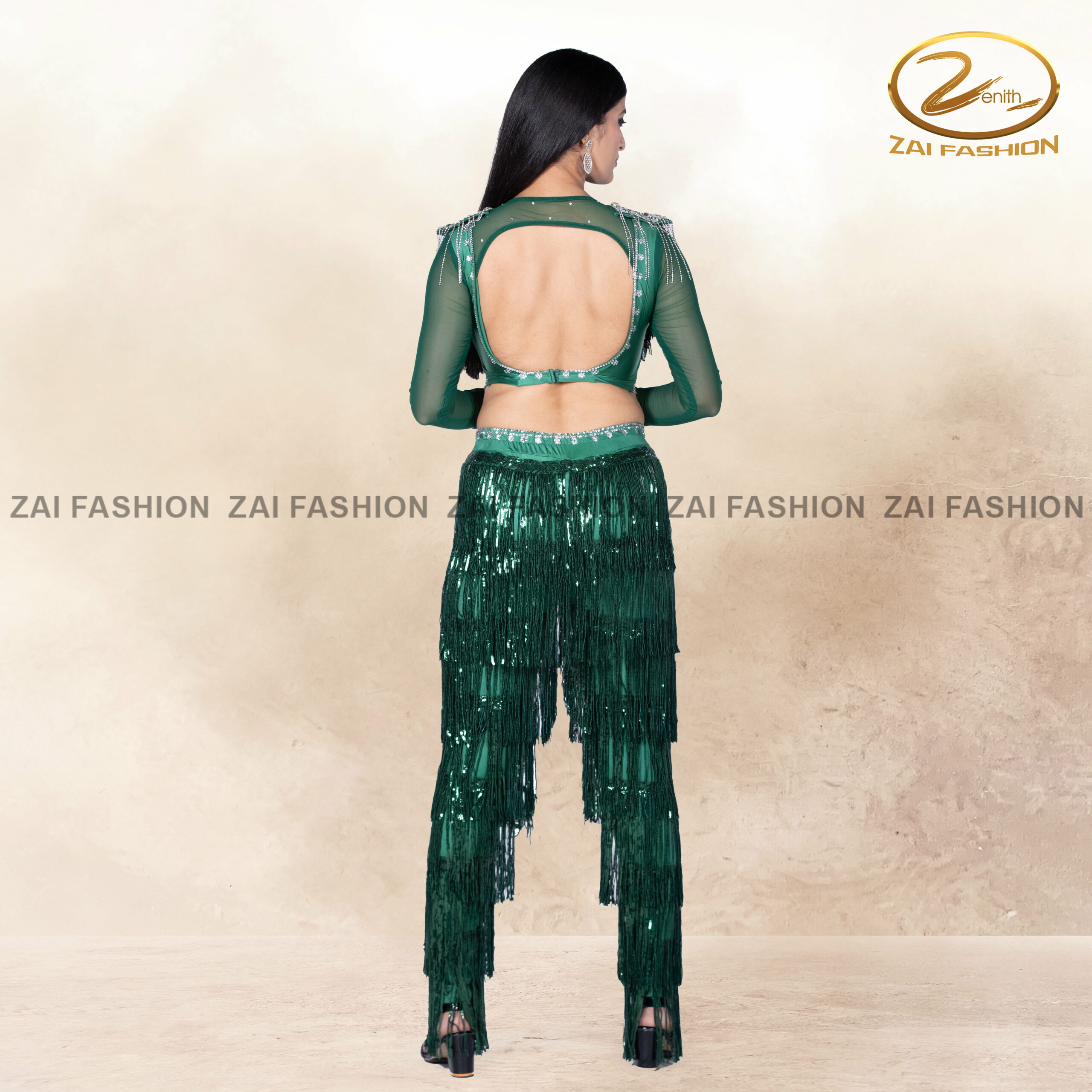 Green Tassel work Women Bollywood Costume - Image 5