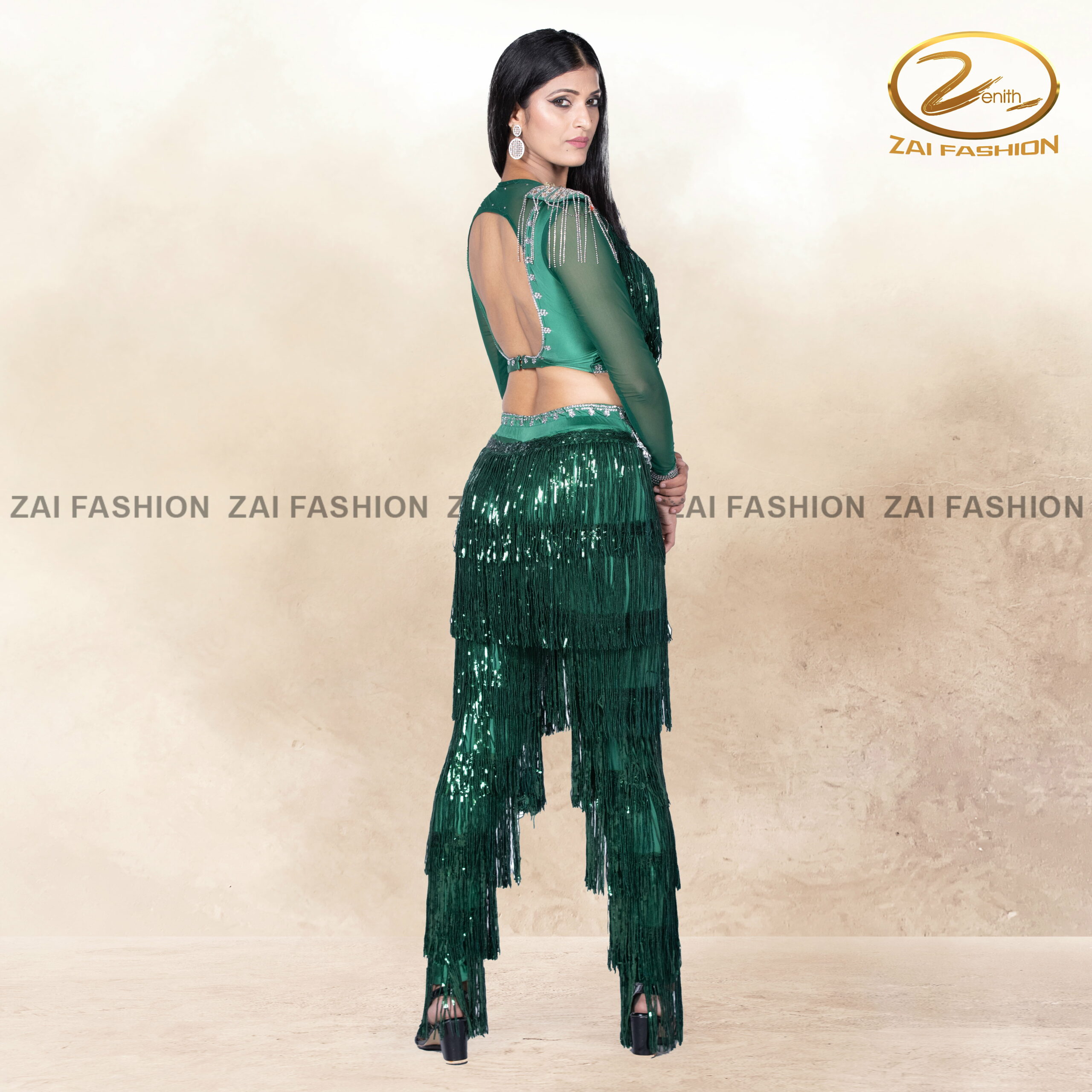 Green Tassel work Women Bollywood Costume - Image 4