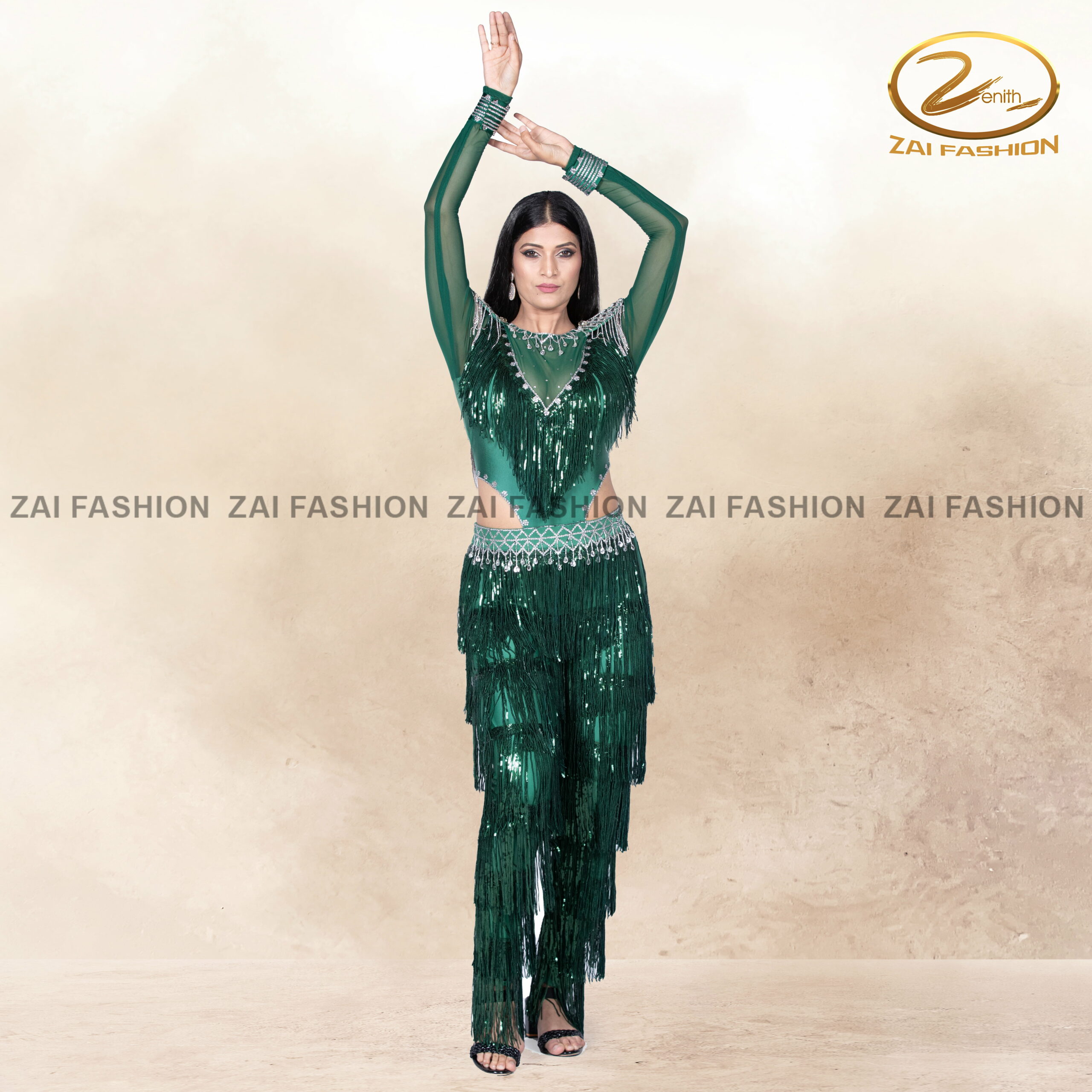 Green Tassel work Women Bollywood Costume - Image 2