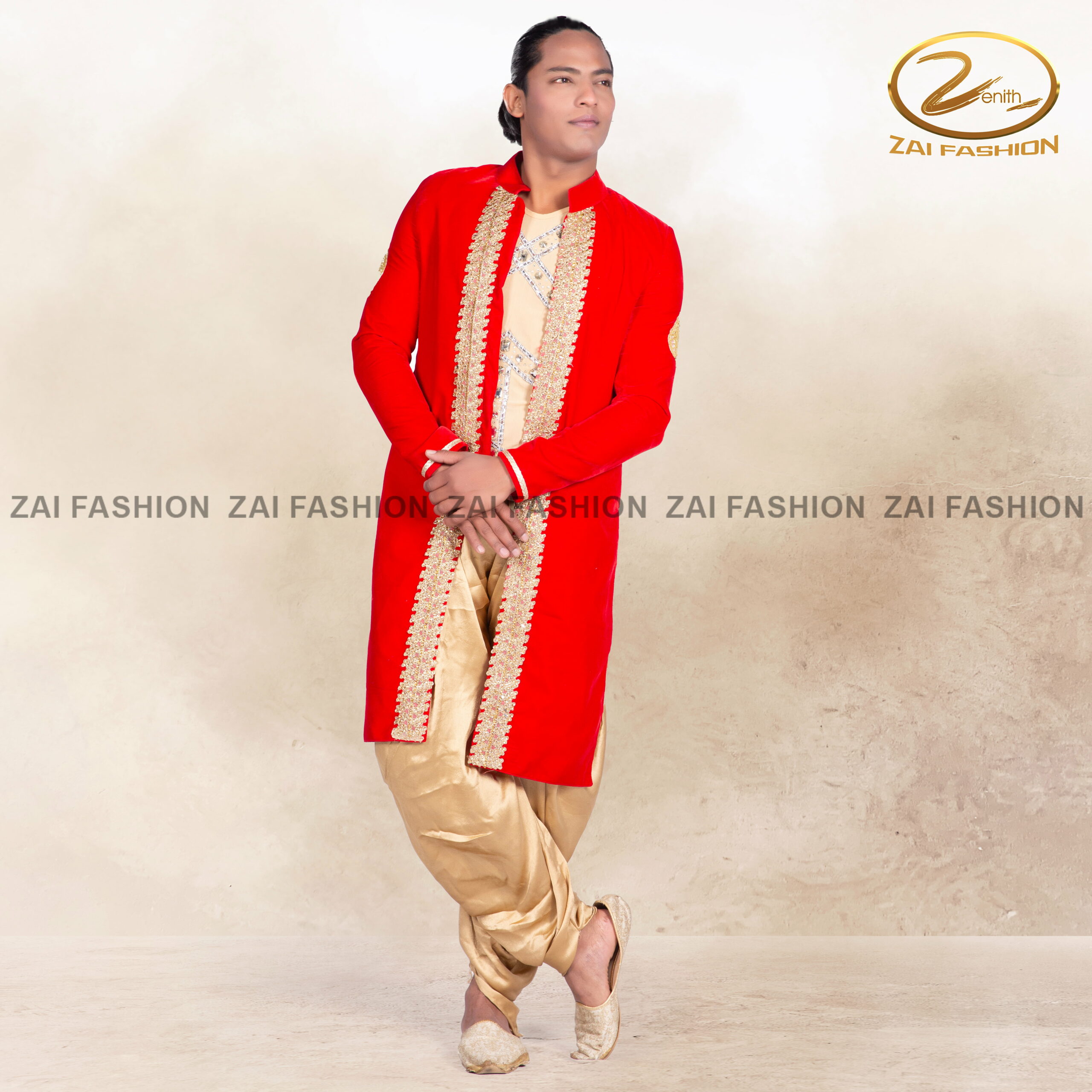 Bollywood Red Sherwani with Golden Dhoti Pants - Image 5