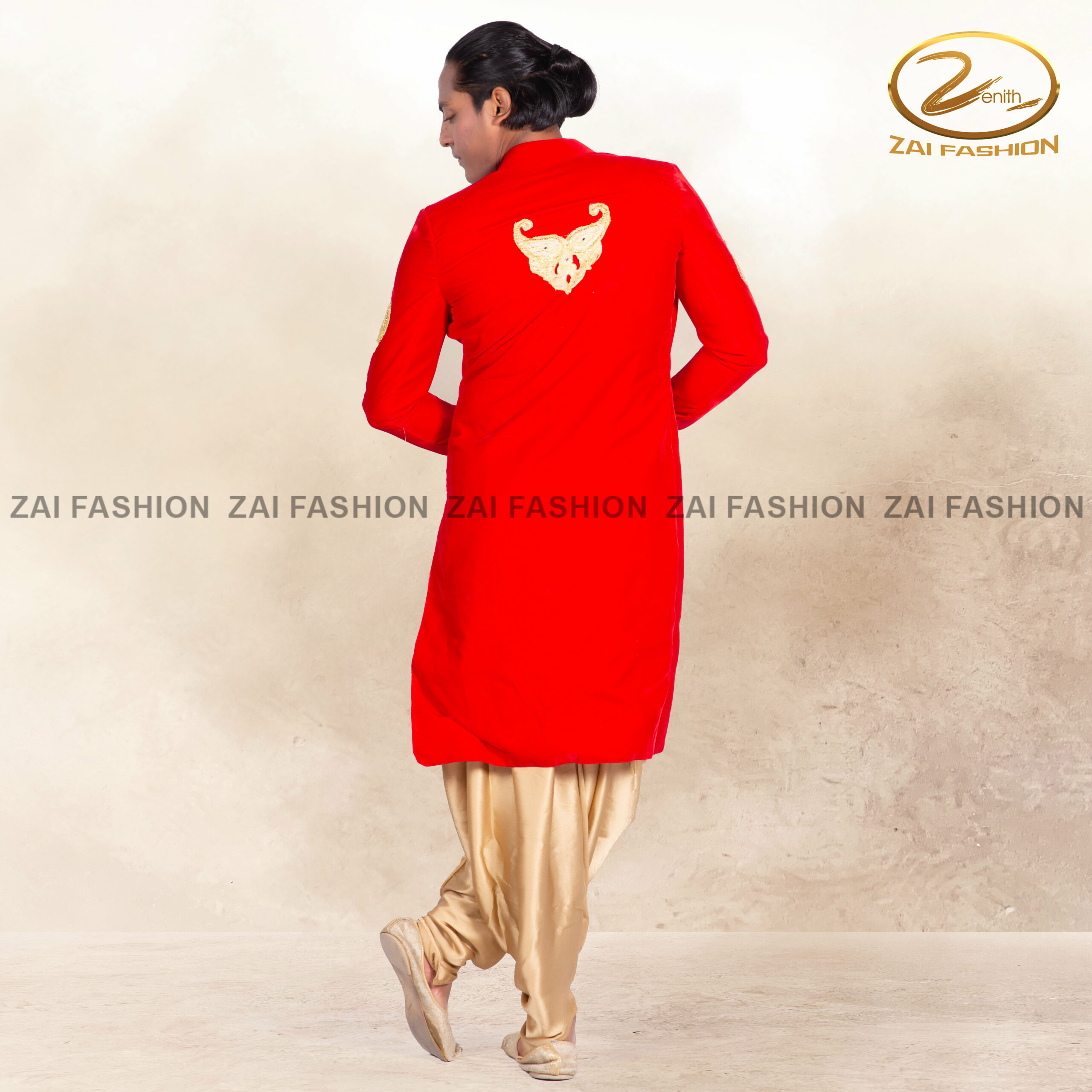 Bollywood Red Sherwani with Golden Dhoti Pants - Image 4