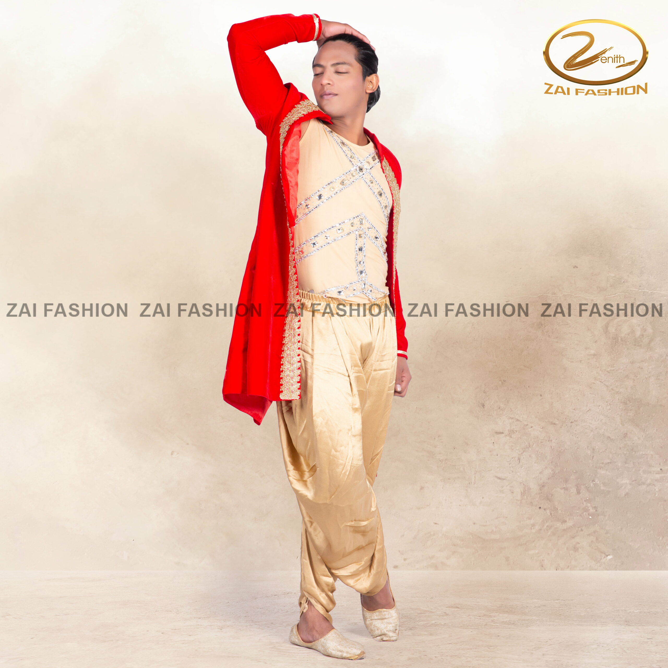 Bollywood Red Sherwani with Golden Dhoti Pants - Image 3
