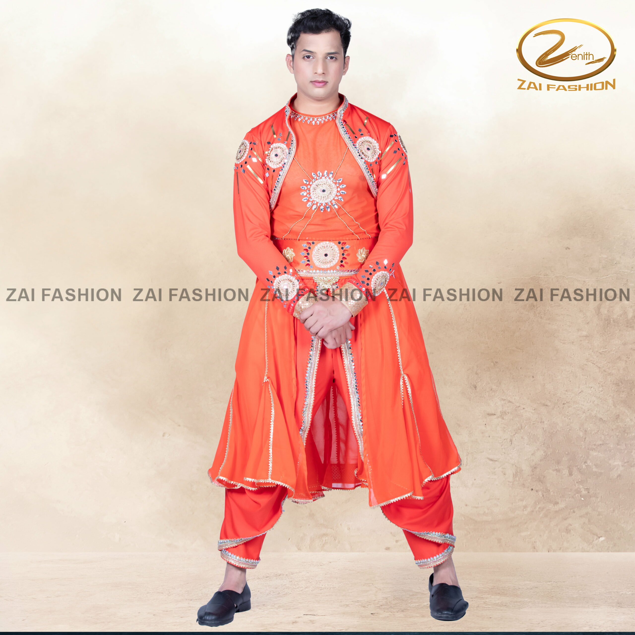 Bollywood Orange Embellished Jacket & Dhoti Dance Costume