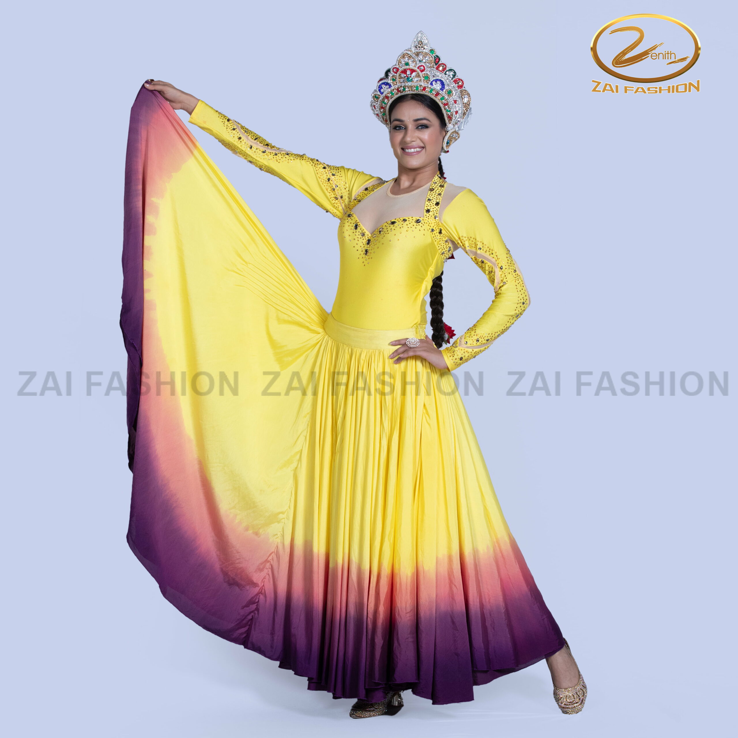 Yellow Purple Contemporary Girls Bodysuit and Lahenga - Image 2