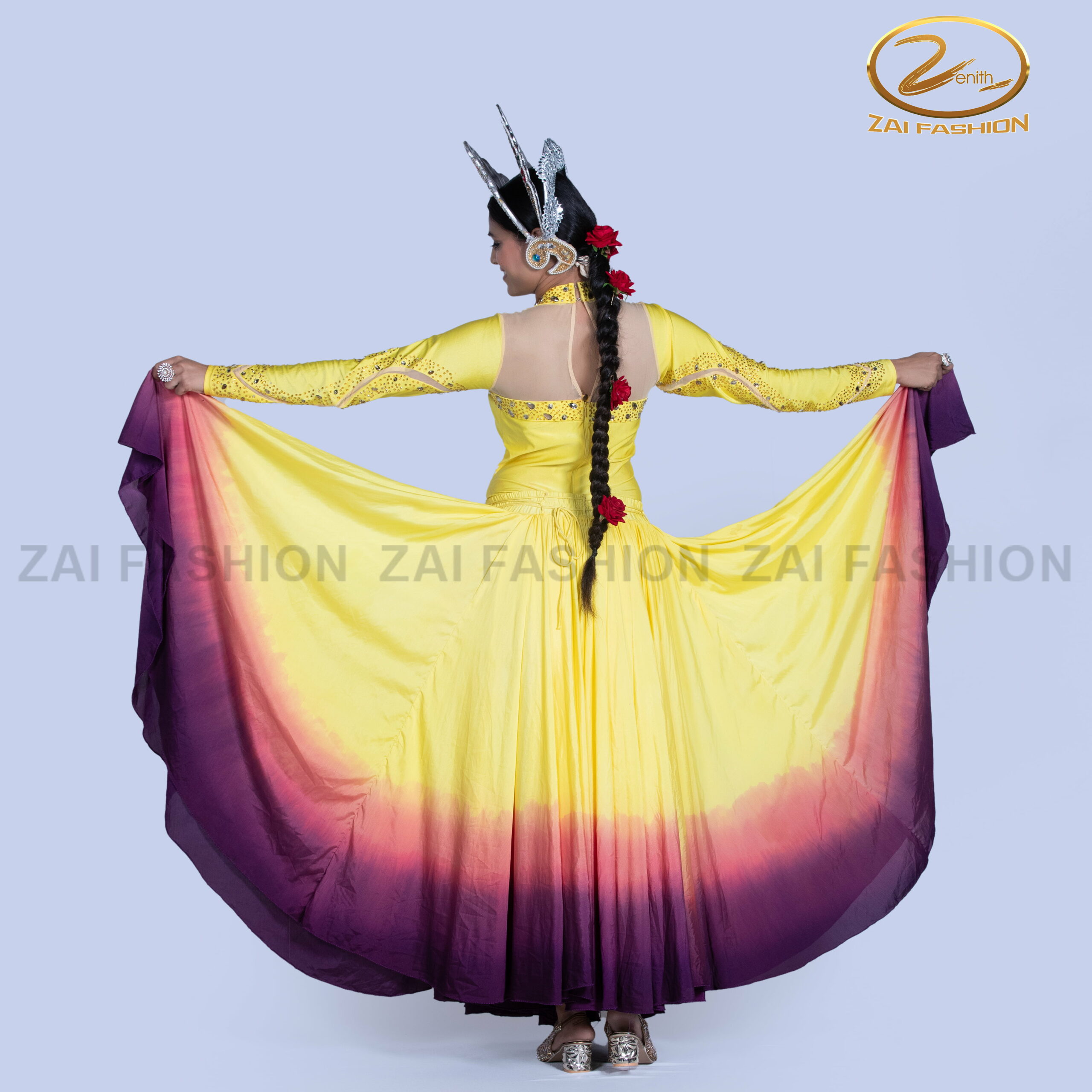 Yellow Purple Contemporary Girls Bodysuit and Lahenga - Image 3