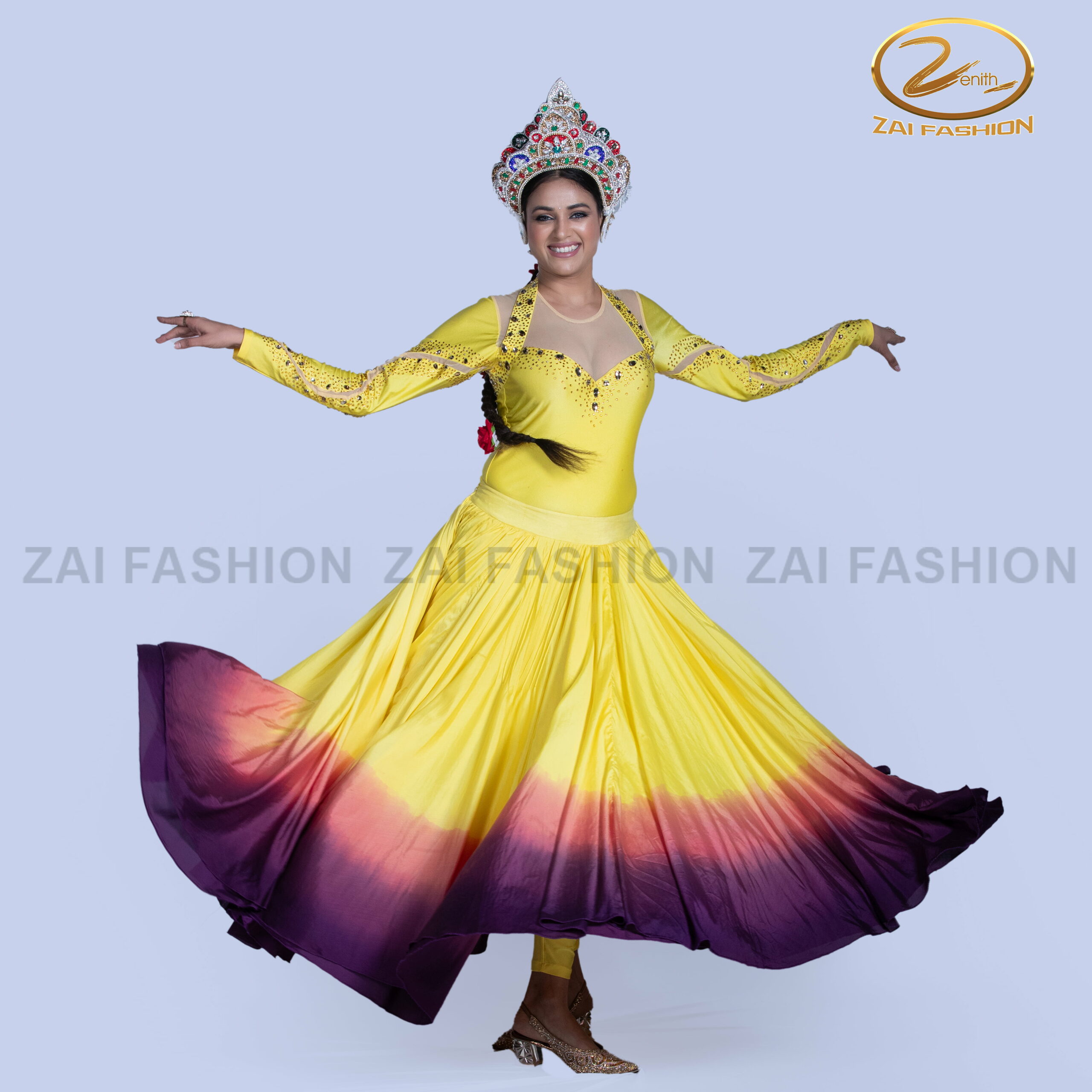 Yellow Purple Contemporary Girls Bodysuit and Lahenga - Image 4