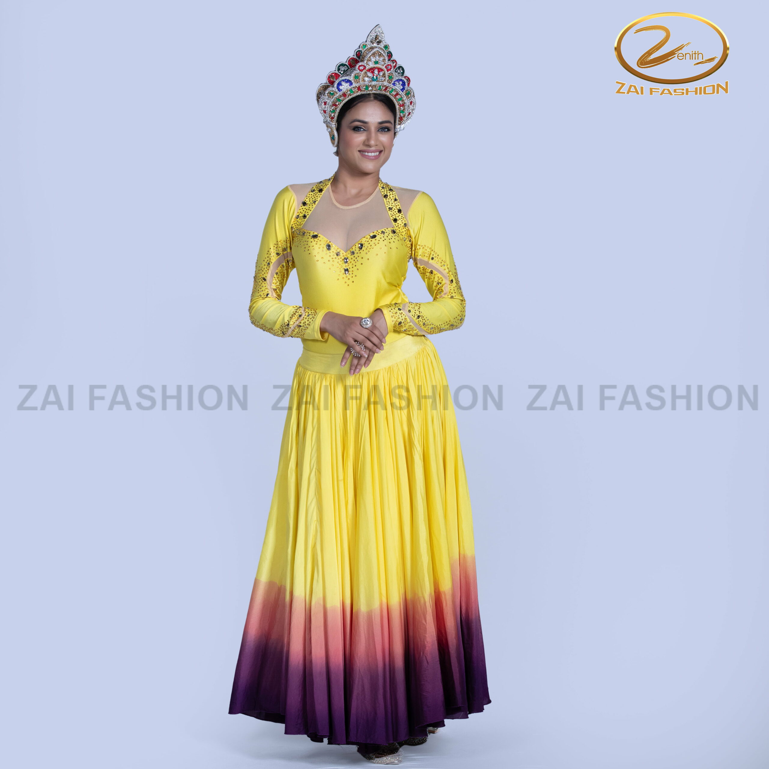 Yellow Purple Contemporary Girls Bodysuit and Lahenga - Image 5