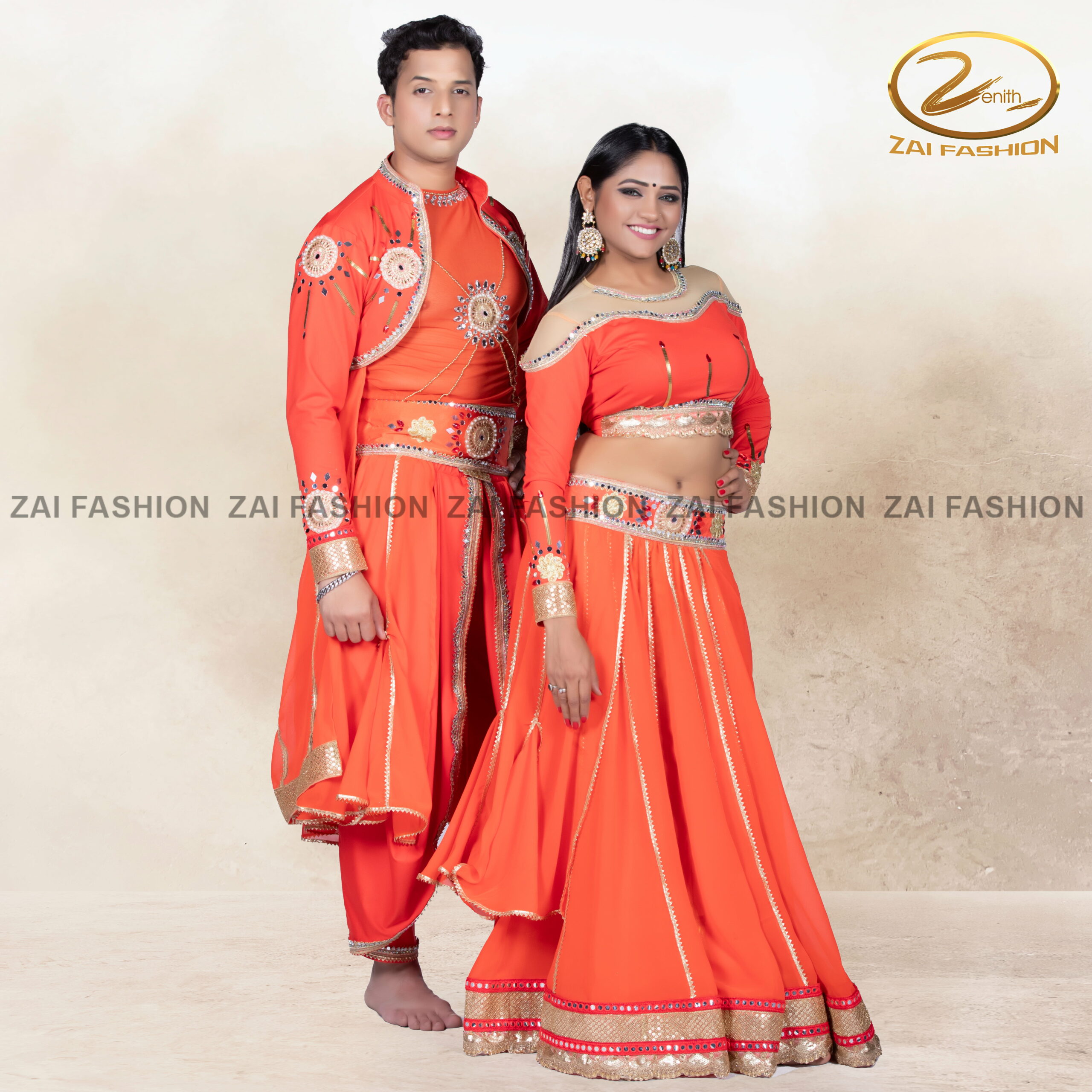 Vibrant Orange Stage Performance Outfit for Couples - Image 2