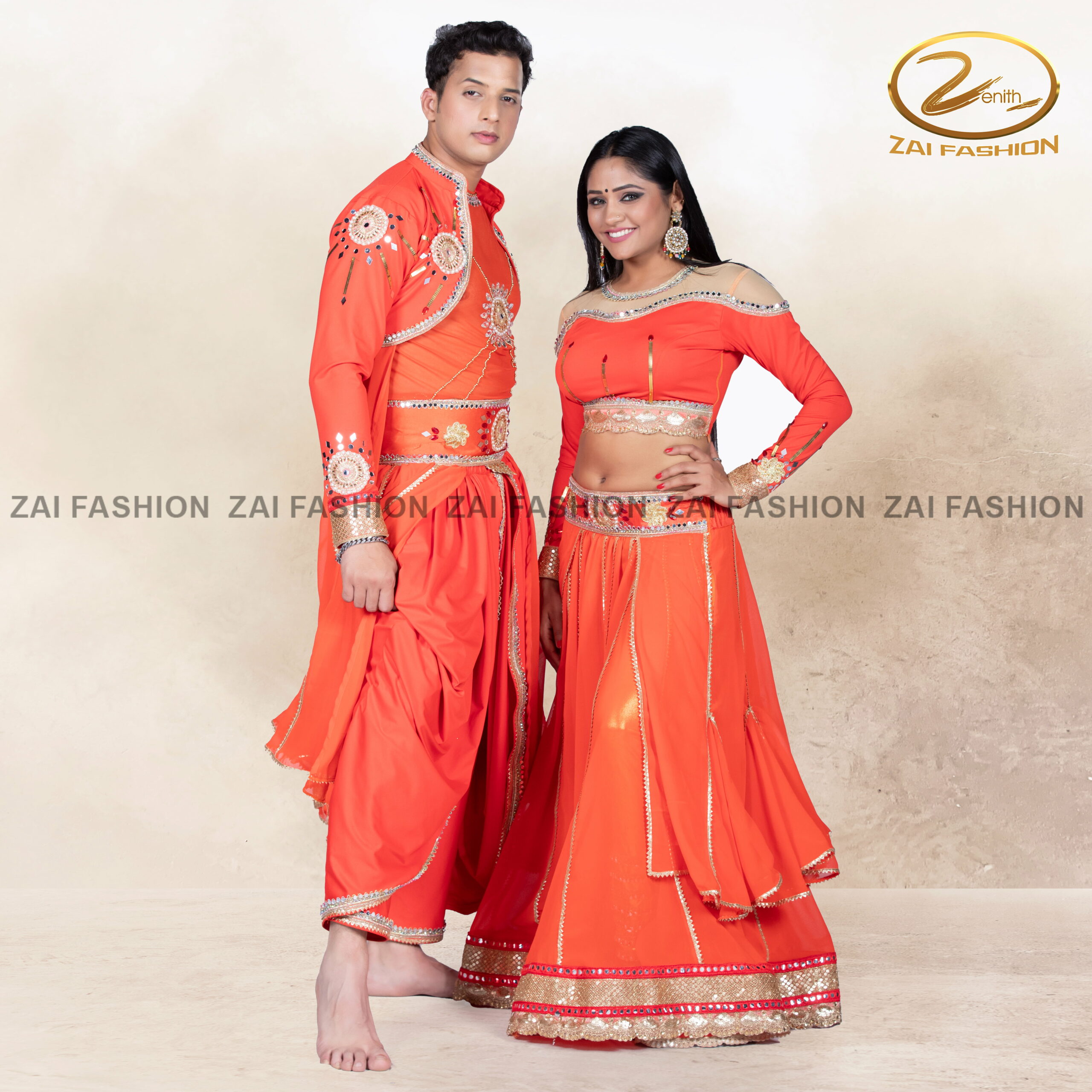 Vibrant Orange Stage Performance Outfit for Couples - Image 3