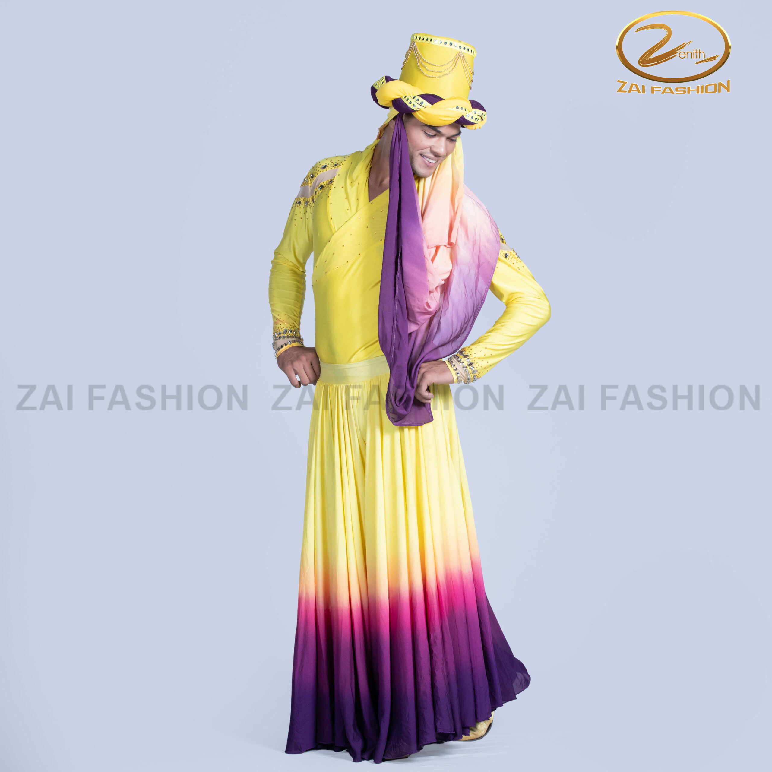 Yellow Purple Contemporary Boys Bodysuit and Lahenga - Image 3