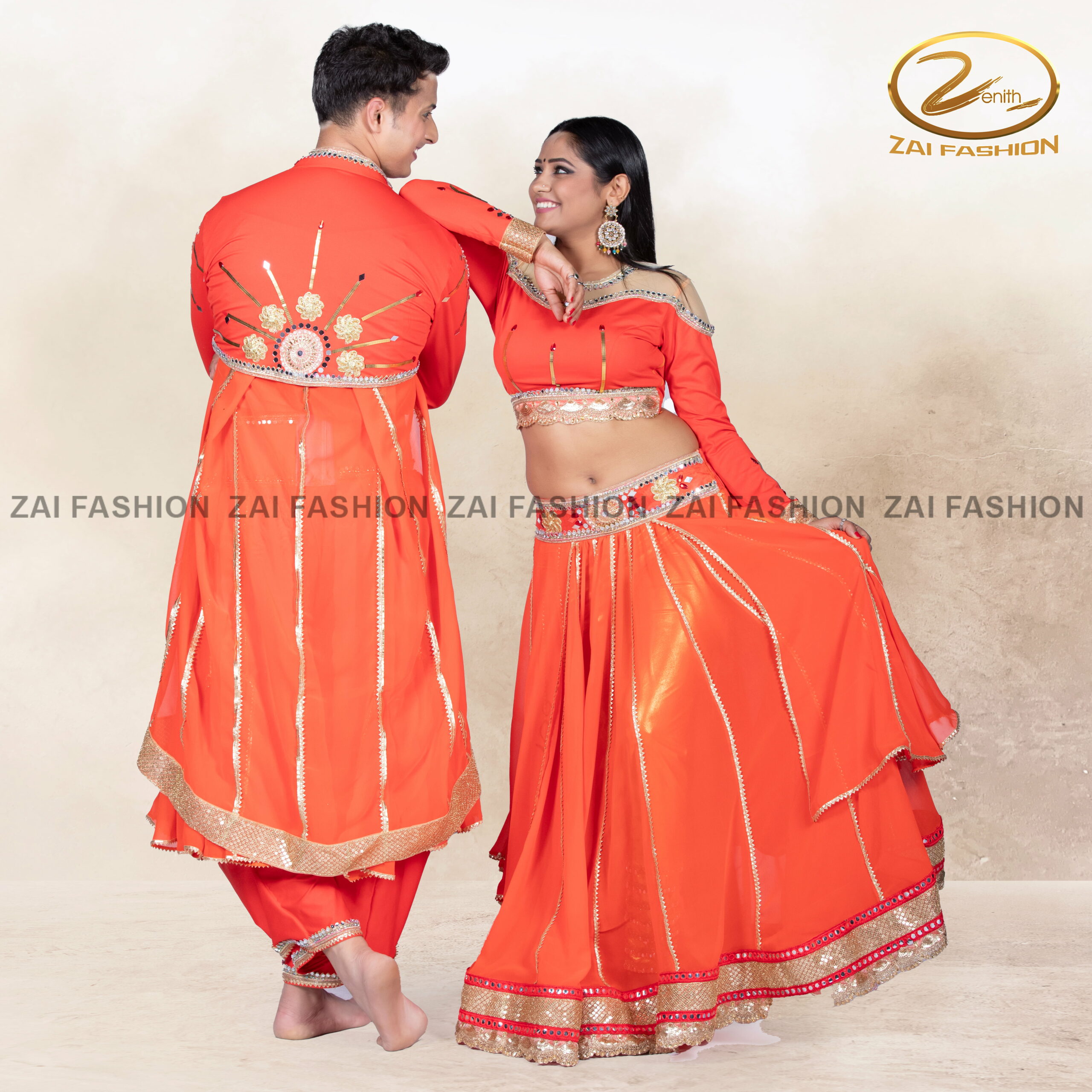 Vibrant Orange Stage Performance Outfit for Couples - Image 4