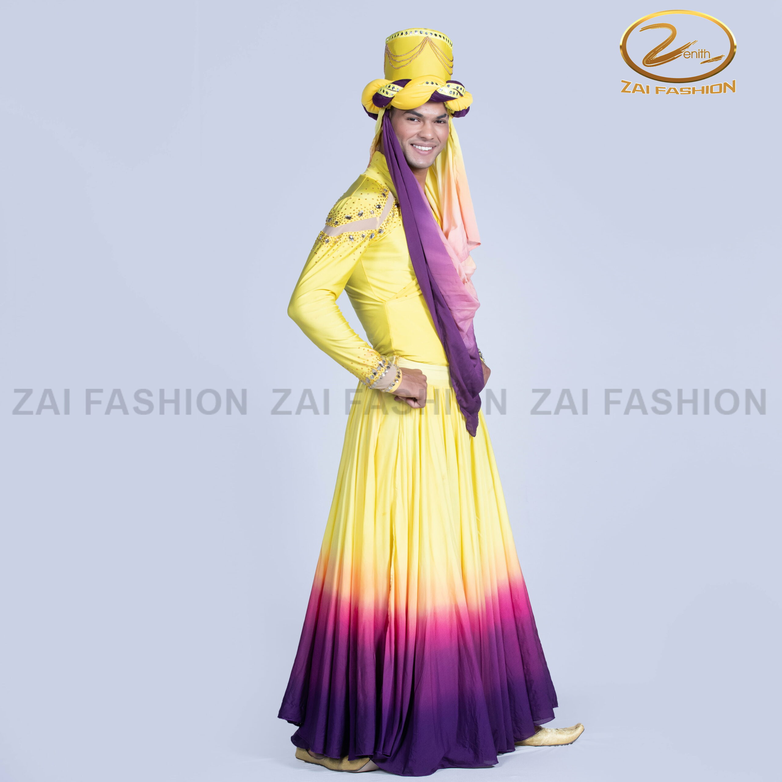 Yellow Purple Contemporary Boys Bodysuit and Lahenga - Image 2