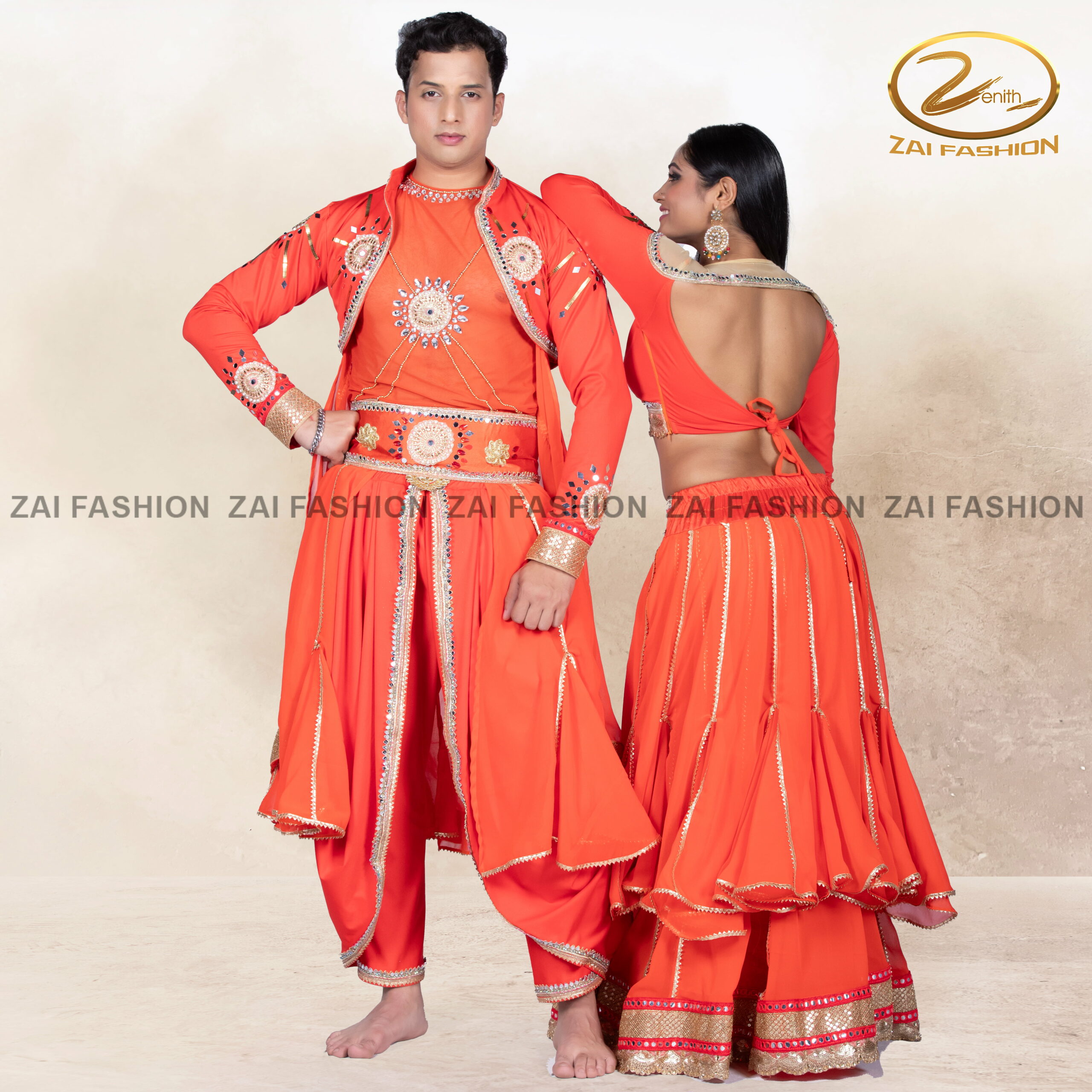 Vibrant Orange Stage Performance Outfit for Couples - Image 5