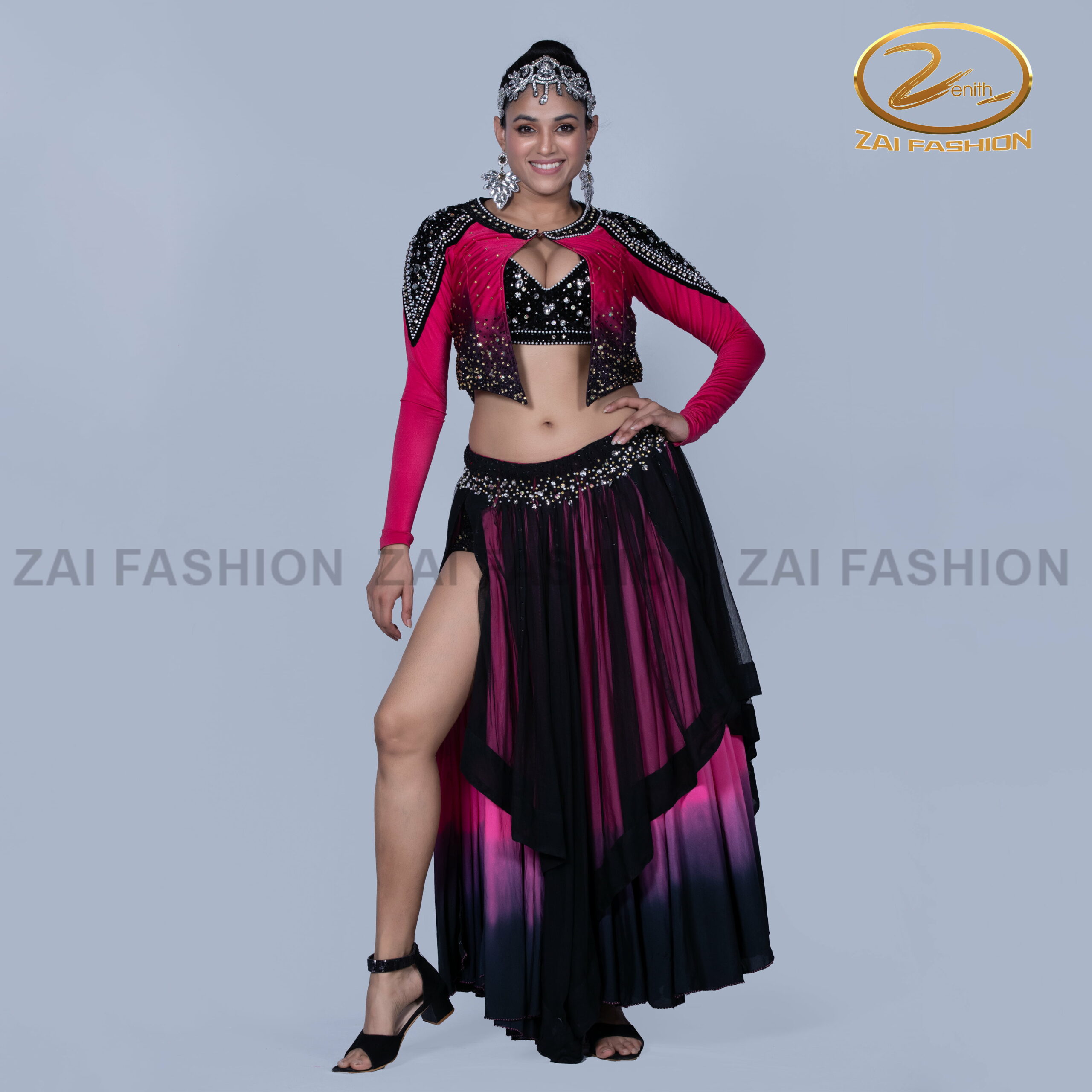 Pink Black Double Layard Lehenga with Bikini and Short Jacket - Image 3
