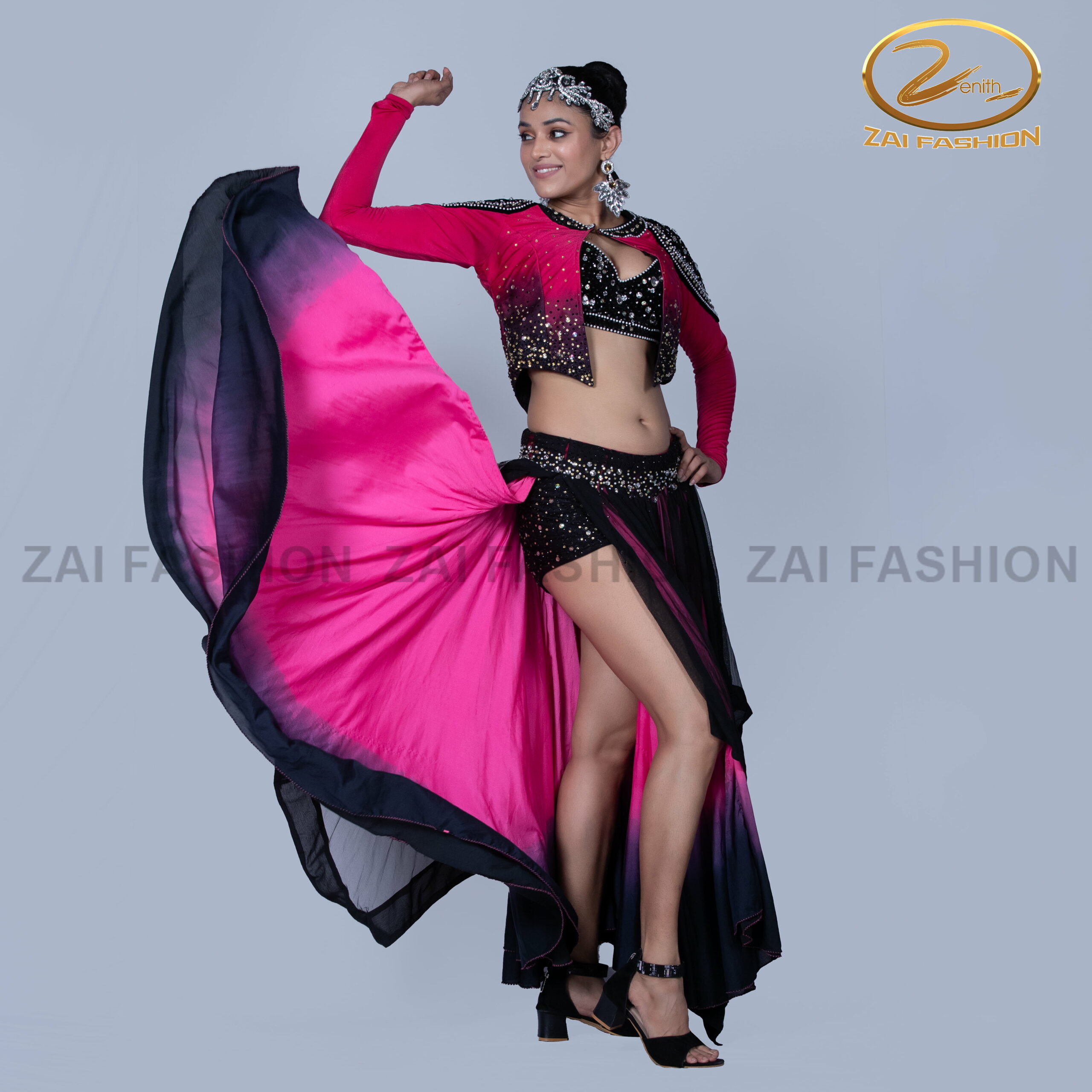 Pink Black Double Layard Lehenga with Bikini and Short Jacket - Image 2