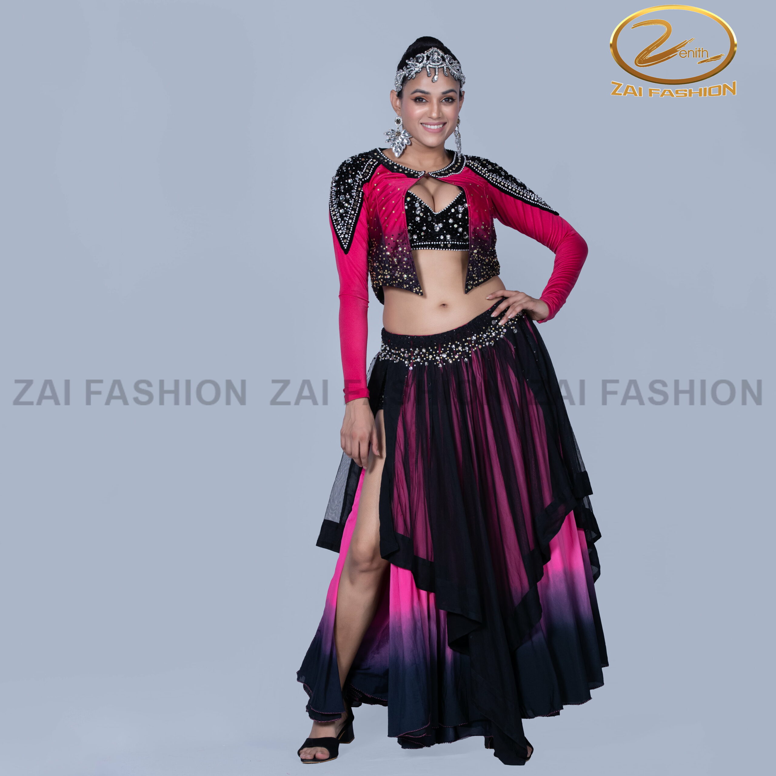 Pink Black Double Layard Lehenga with Bikini and Short Jacket
