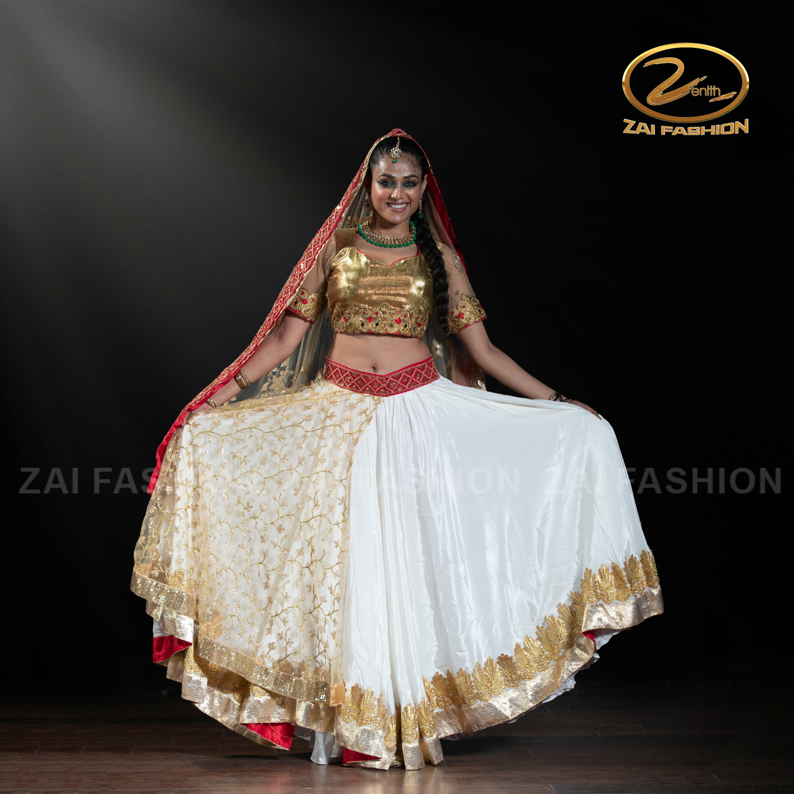 White Lehenga with Golden & Red Border with Golden Blous