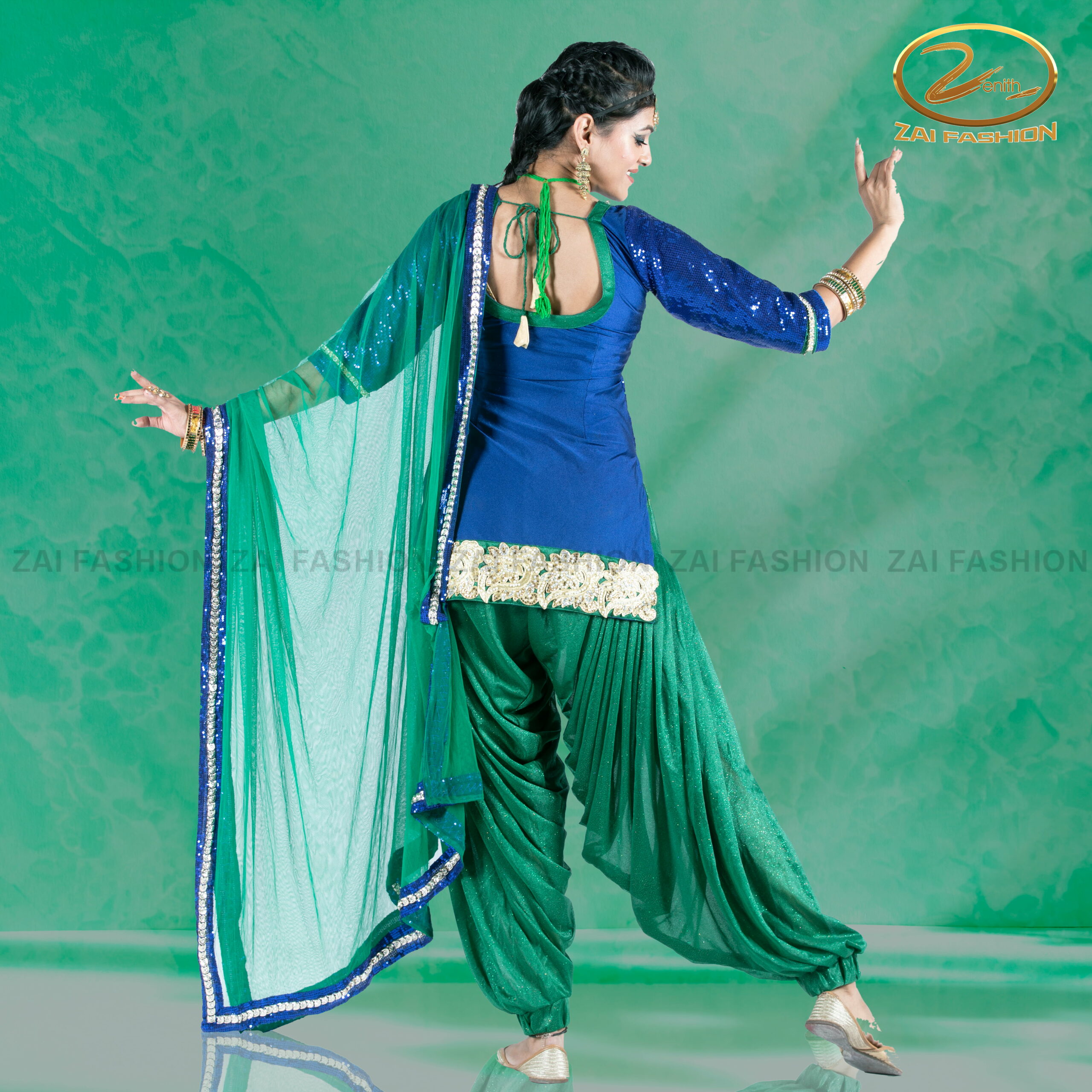 Navy Blue Shimmer Kurti with Green Salwar Punjabi Costume - Image 3