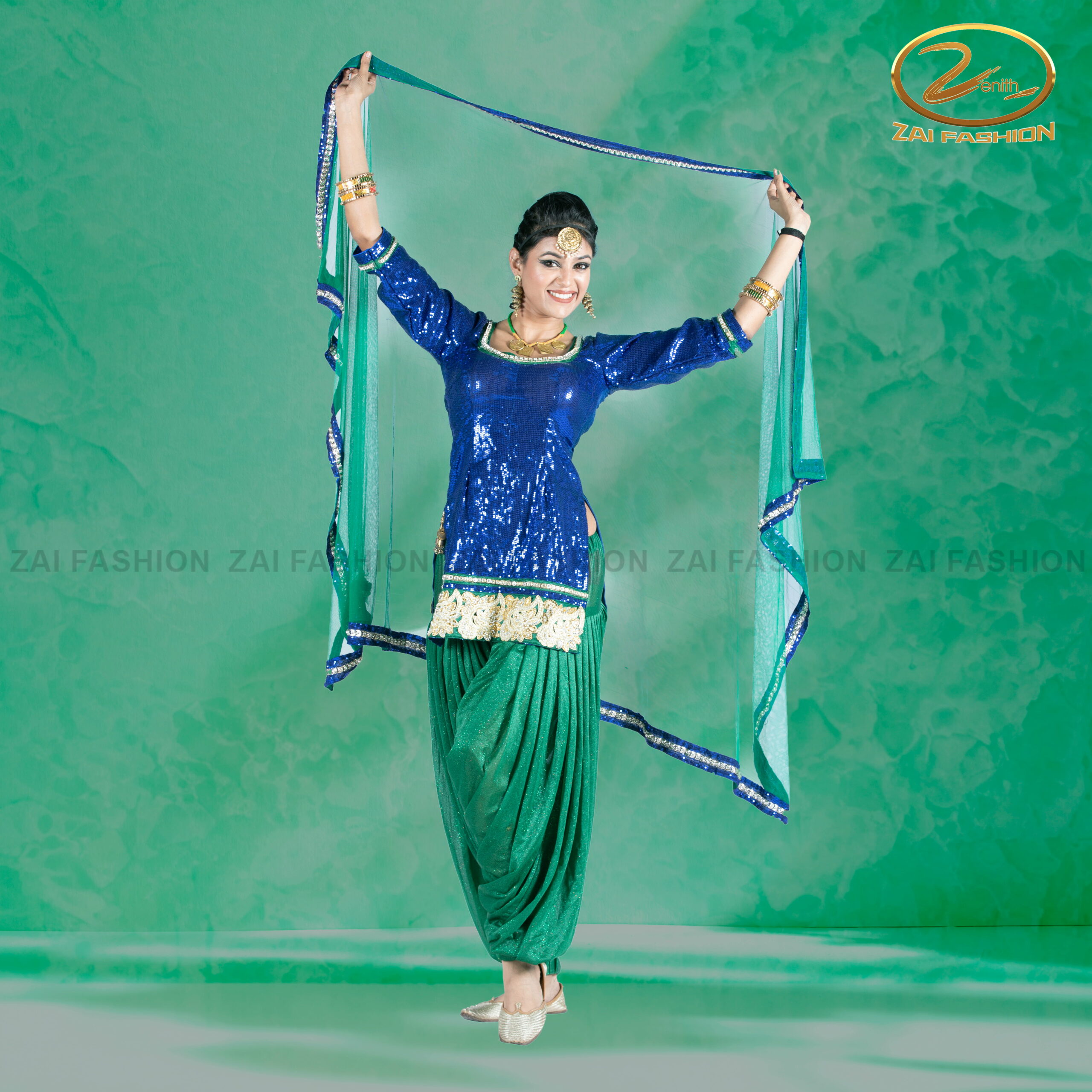 Navy Blue Shimmer Kurti with Green Salwar Punjabi Costume