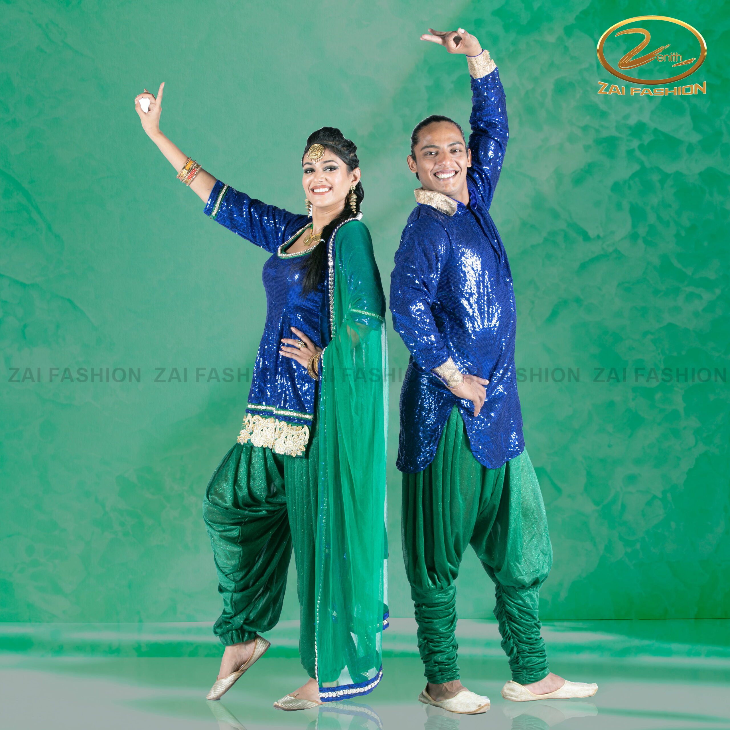 Navy Blue Shimmer Punjabi Costume for Couple - Image 2