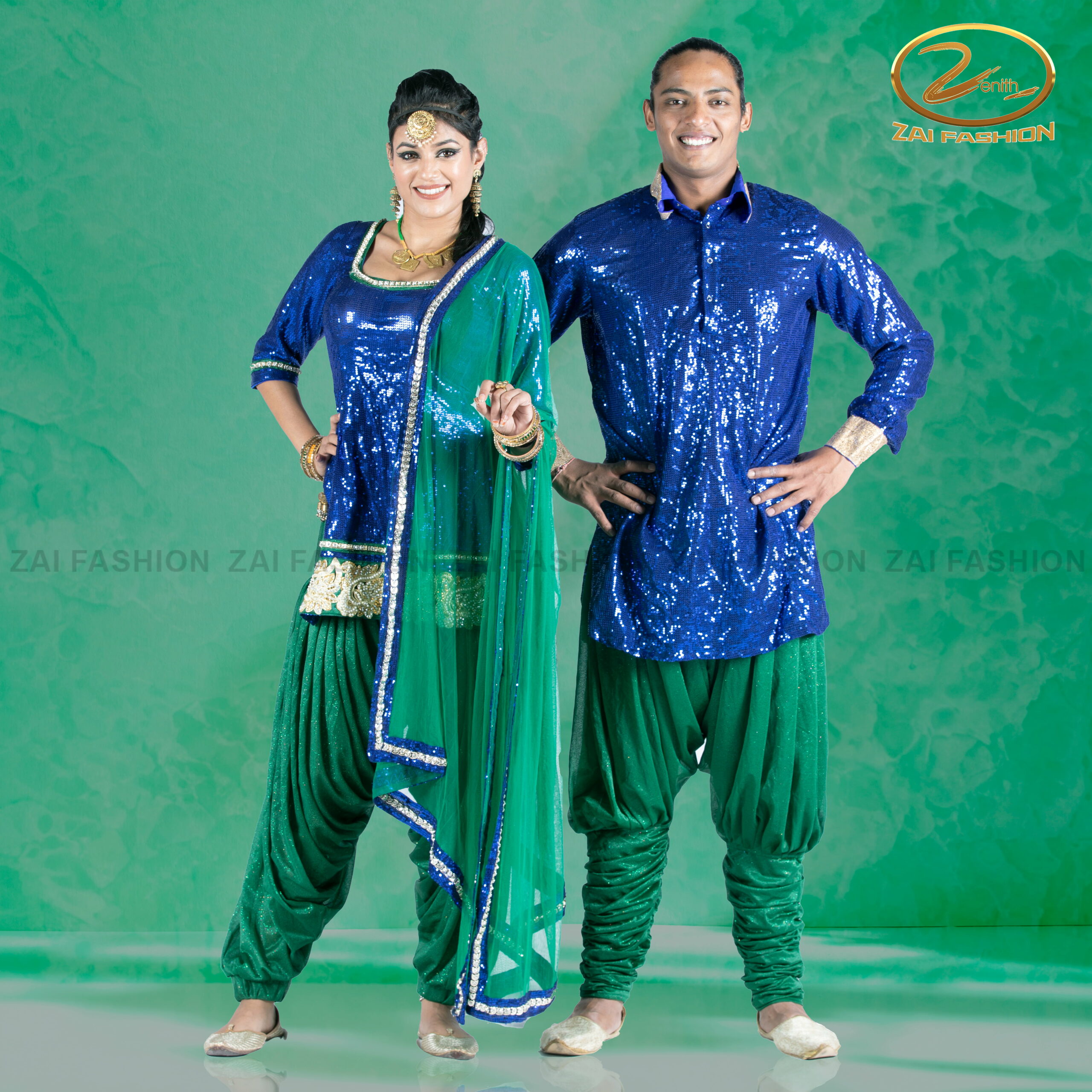 Navy Blue Shimmer Punjabi Costume for Couple