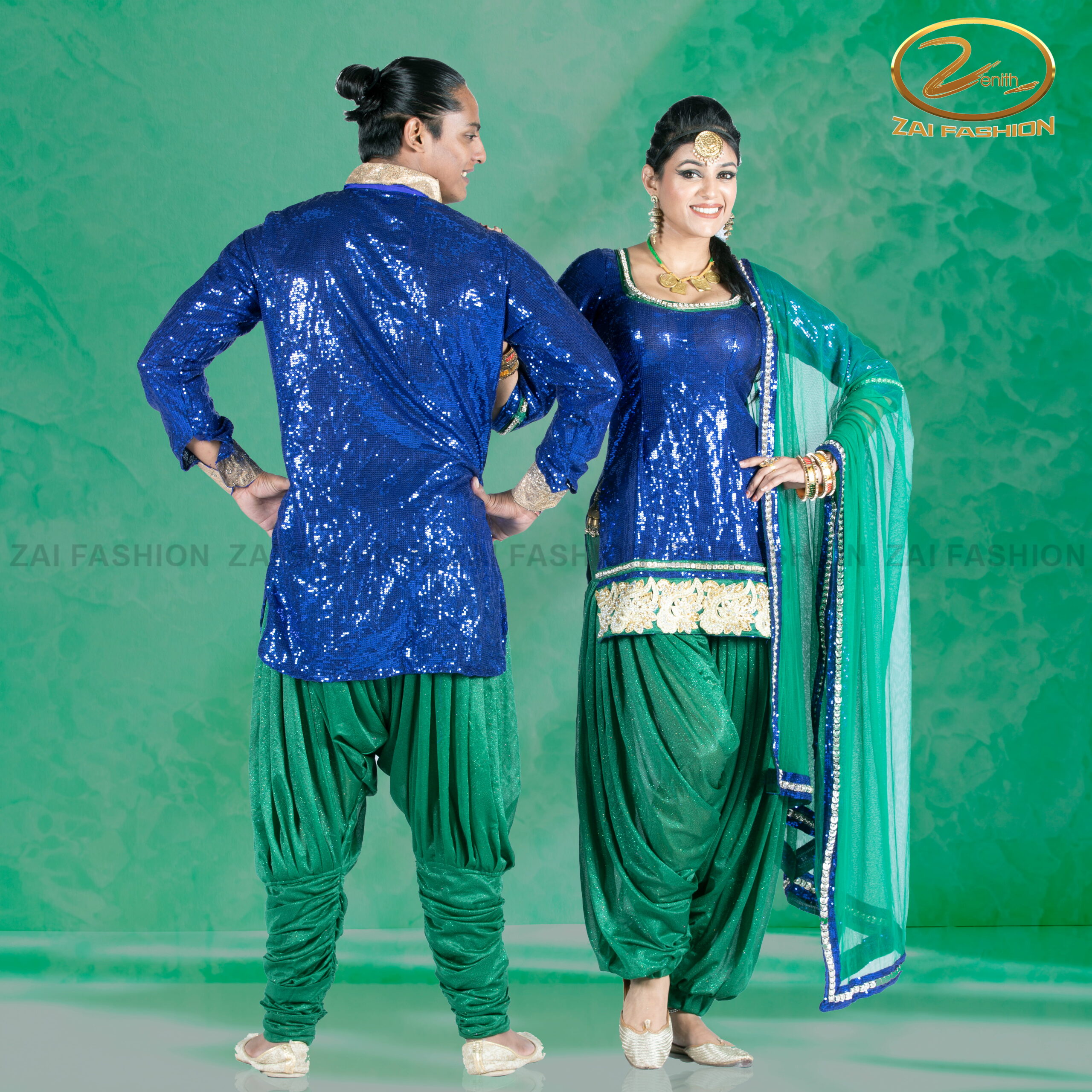 Navy Blue Shimmer Punjabi Costume for Couple - Image 3