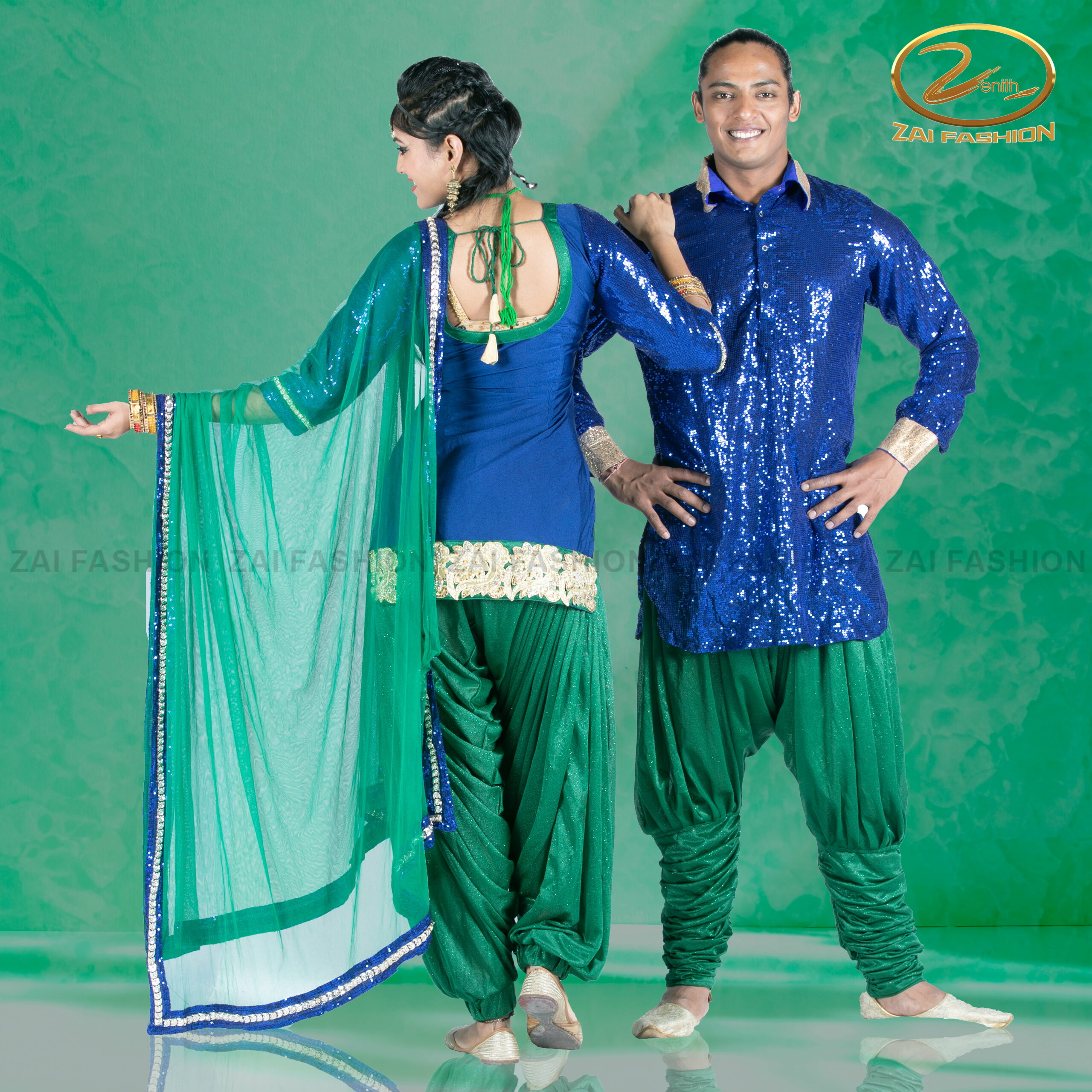 Navy Blue Shimmer Punjabi Costume for Couple - Image 4