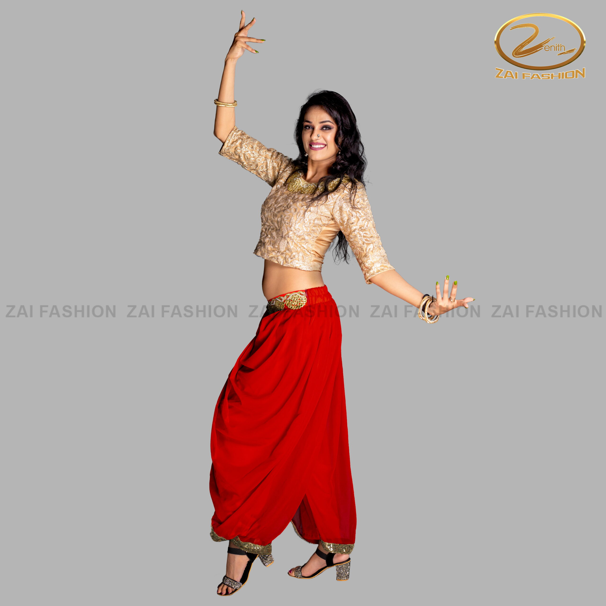 Red Harem Pants with Golden Half Sleeve Blouse - Image 3