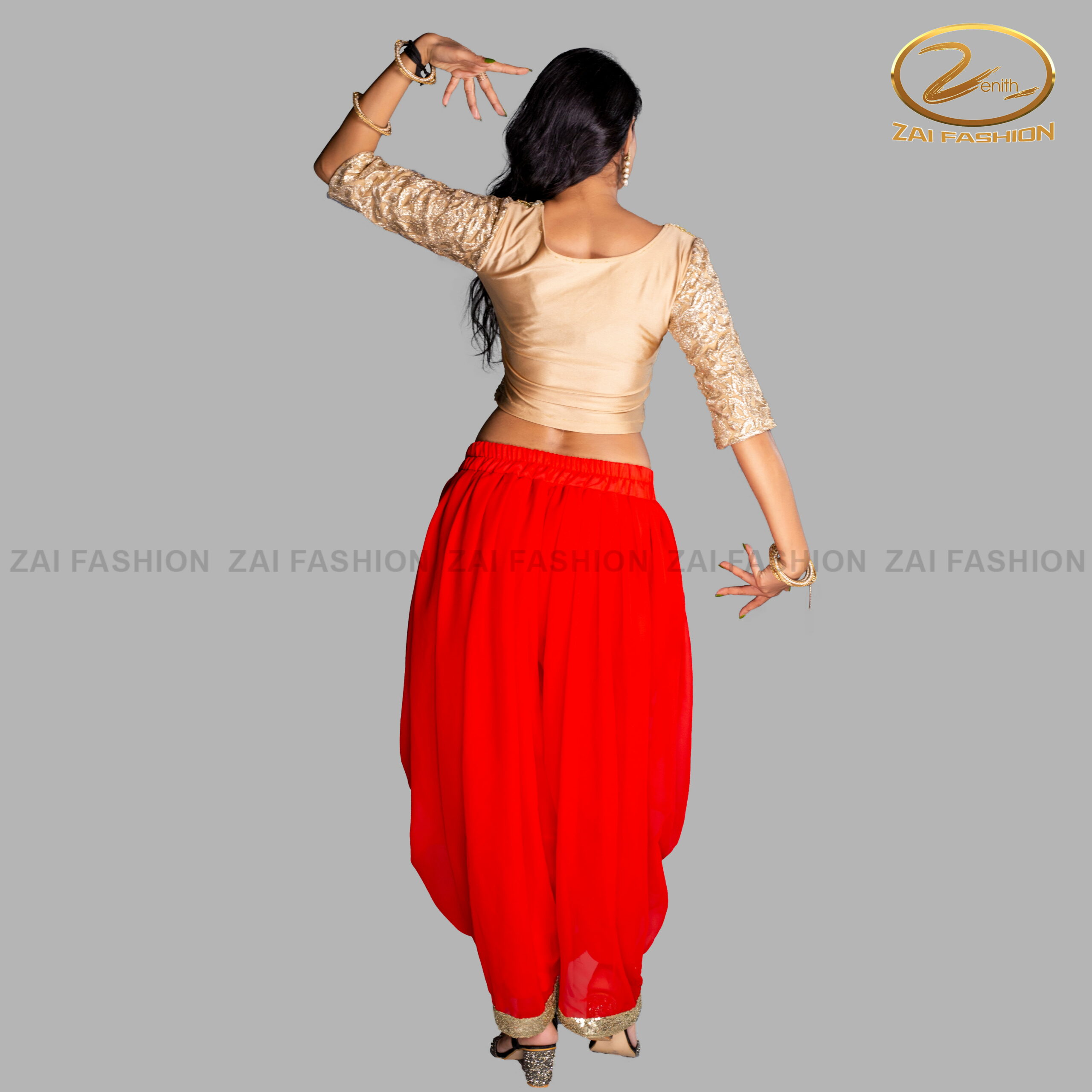 Red Harem Pants with Golden Half Sleeve Blouse - Image 4
