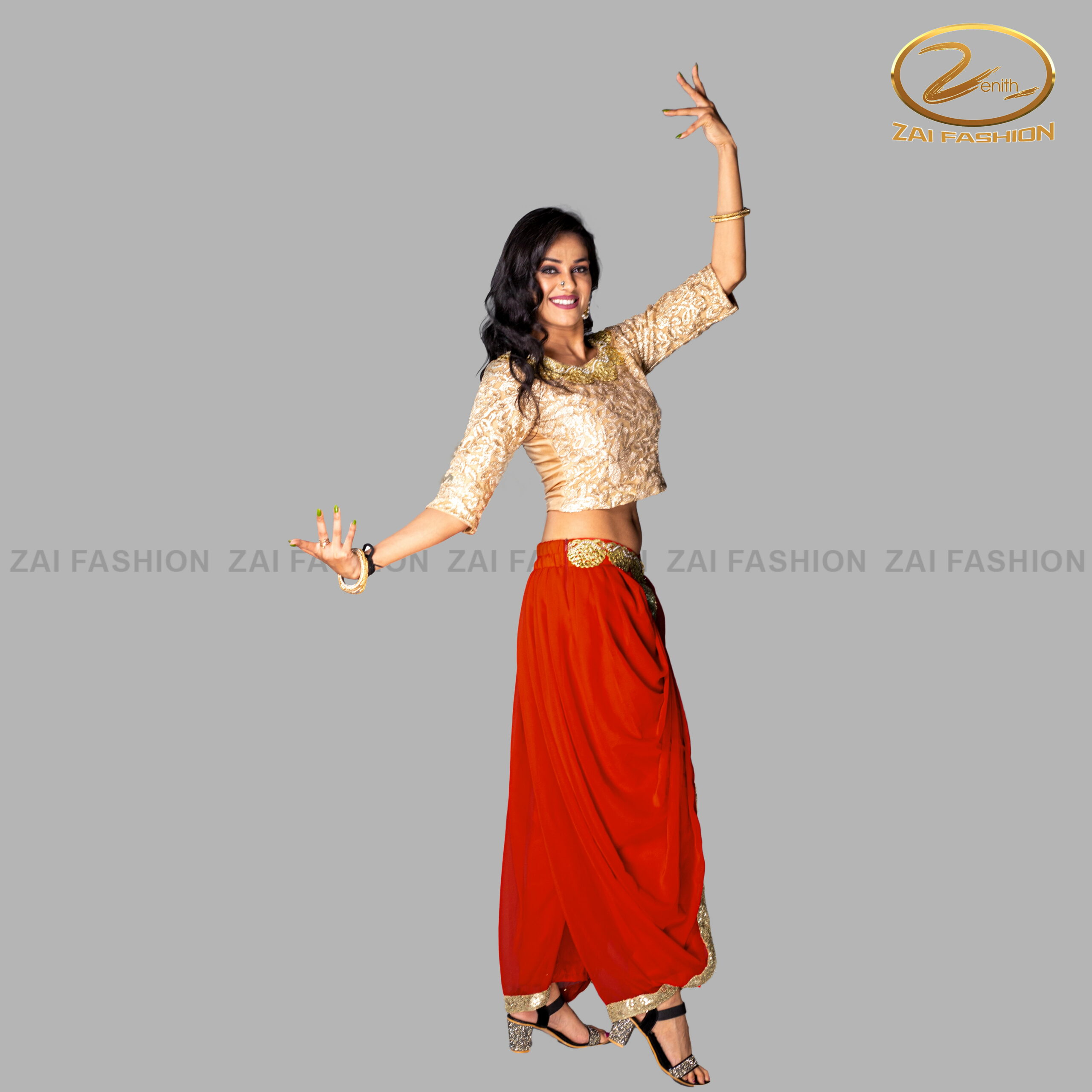 Red Harem Pants with Golden Half Sleeve Blouse - Image 2
