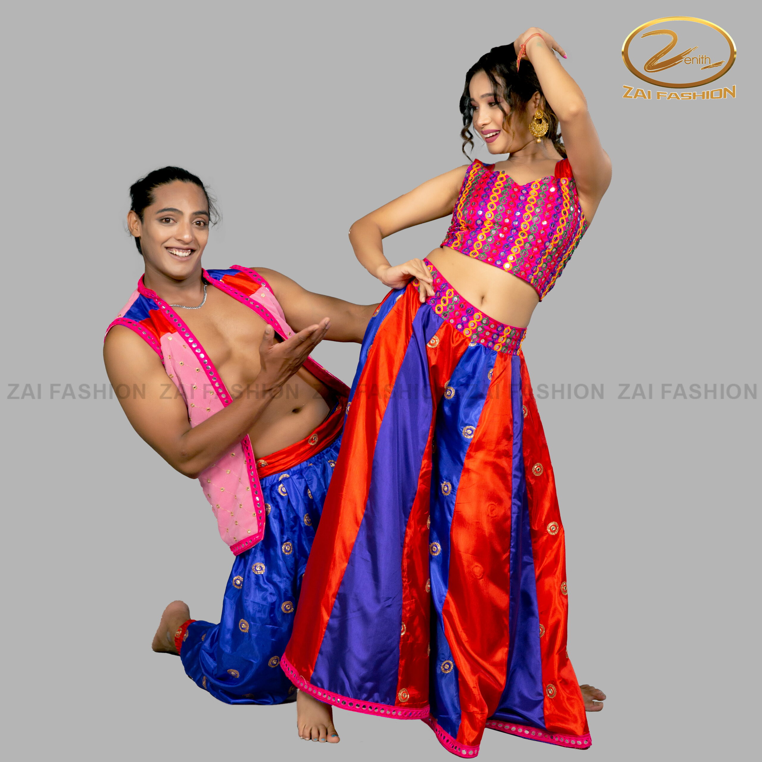 Blue Pink Bollywood Indo Western Couple Costume - Image 2