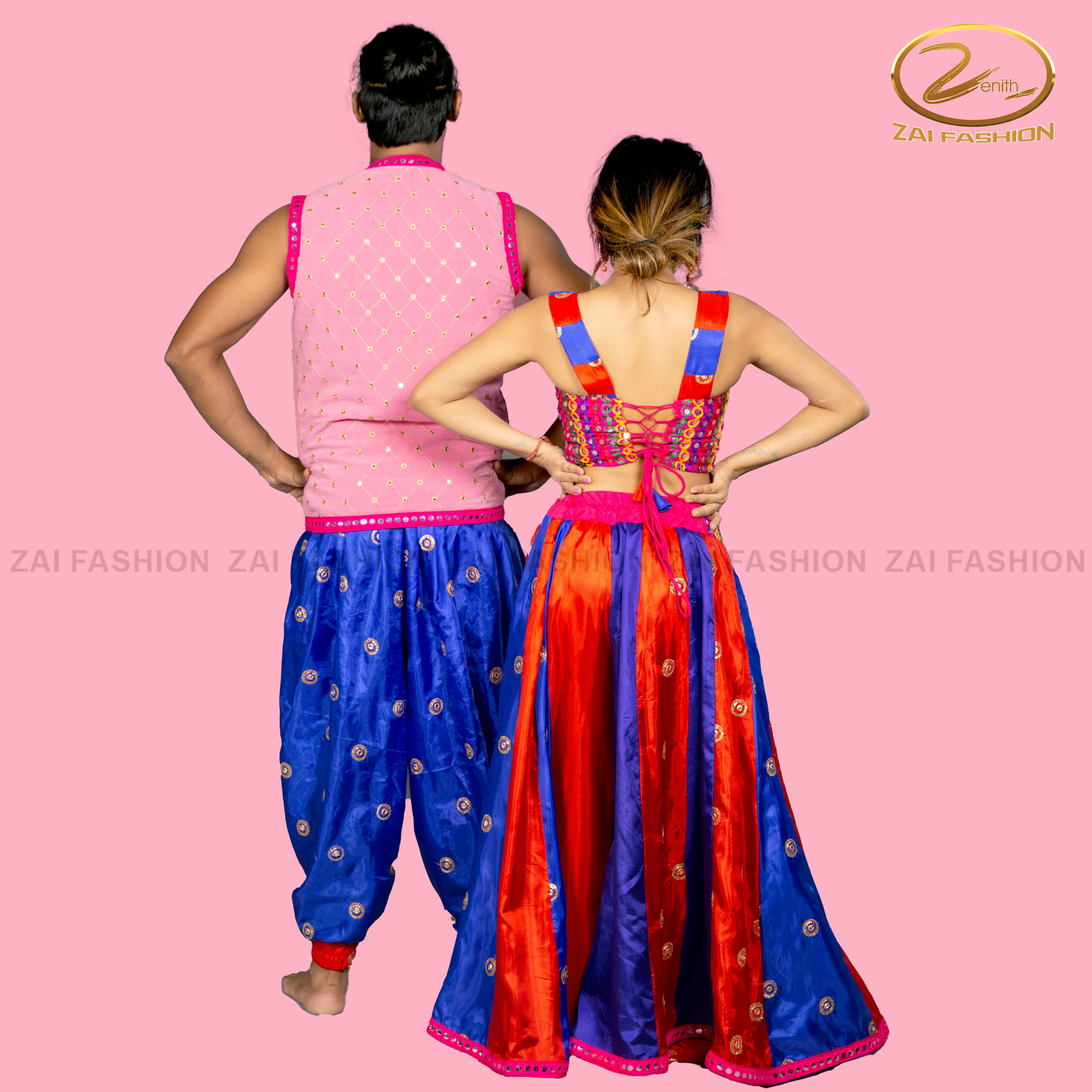 Blue Pink Bollywood Indo Western Couple Costume - Image 3