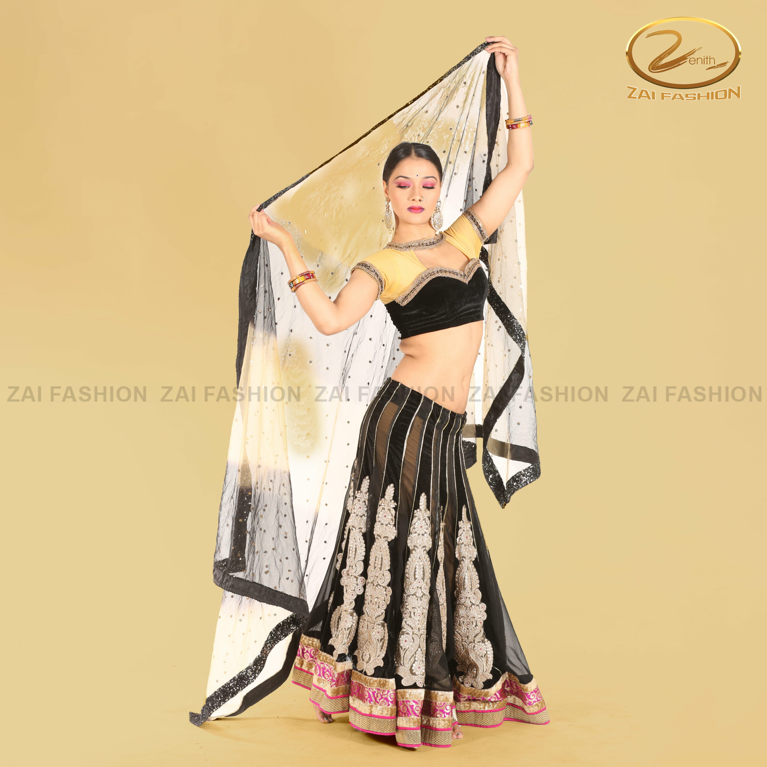 Bollywood Black and Beige Lehenga with Blouse and Dupatta - Image 4