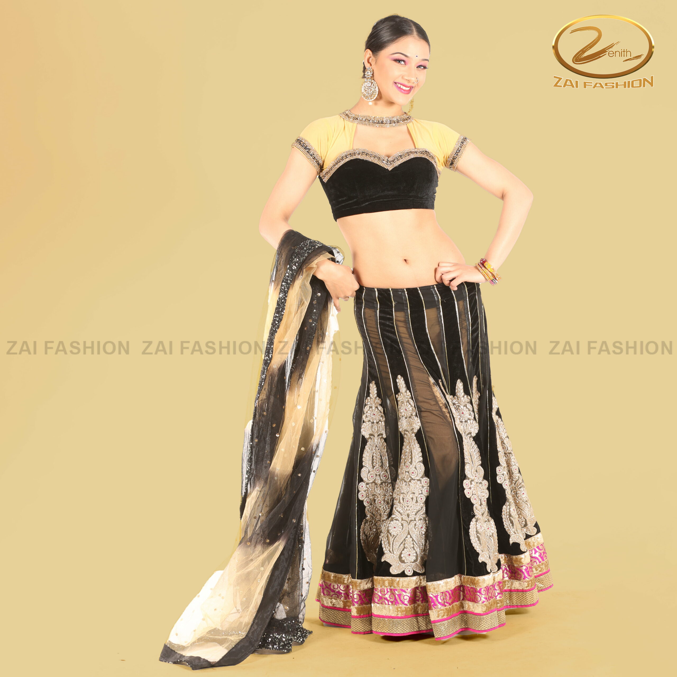 Bollywood Black and Beige Lehenga with Blouse and Dupatta