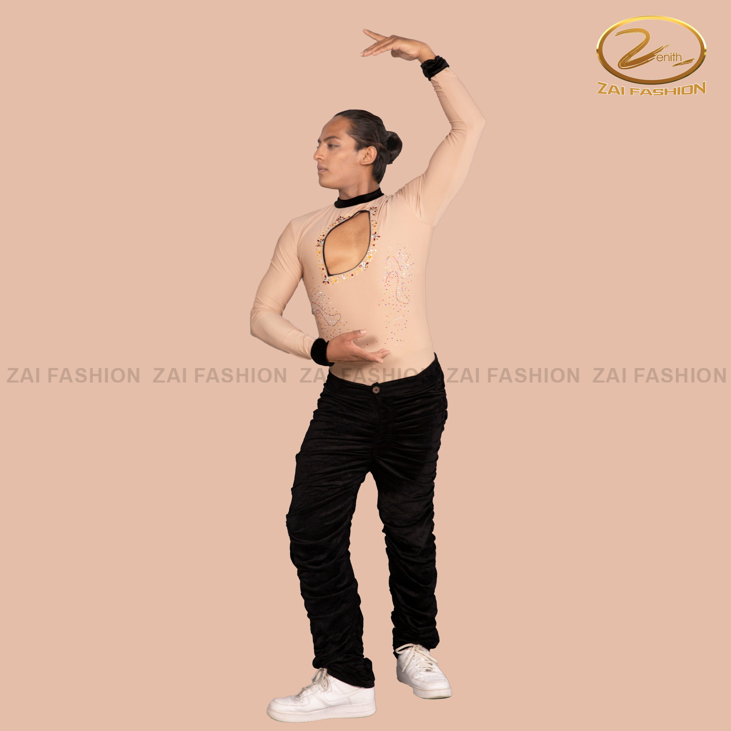 Black Pleated Trousers and Peach Front Cut-out Shirt Salsa Costume - Image 2