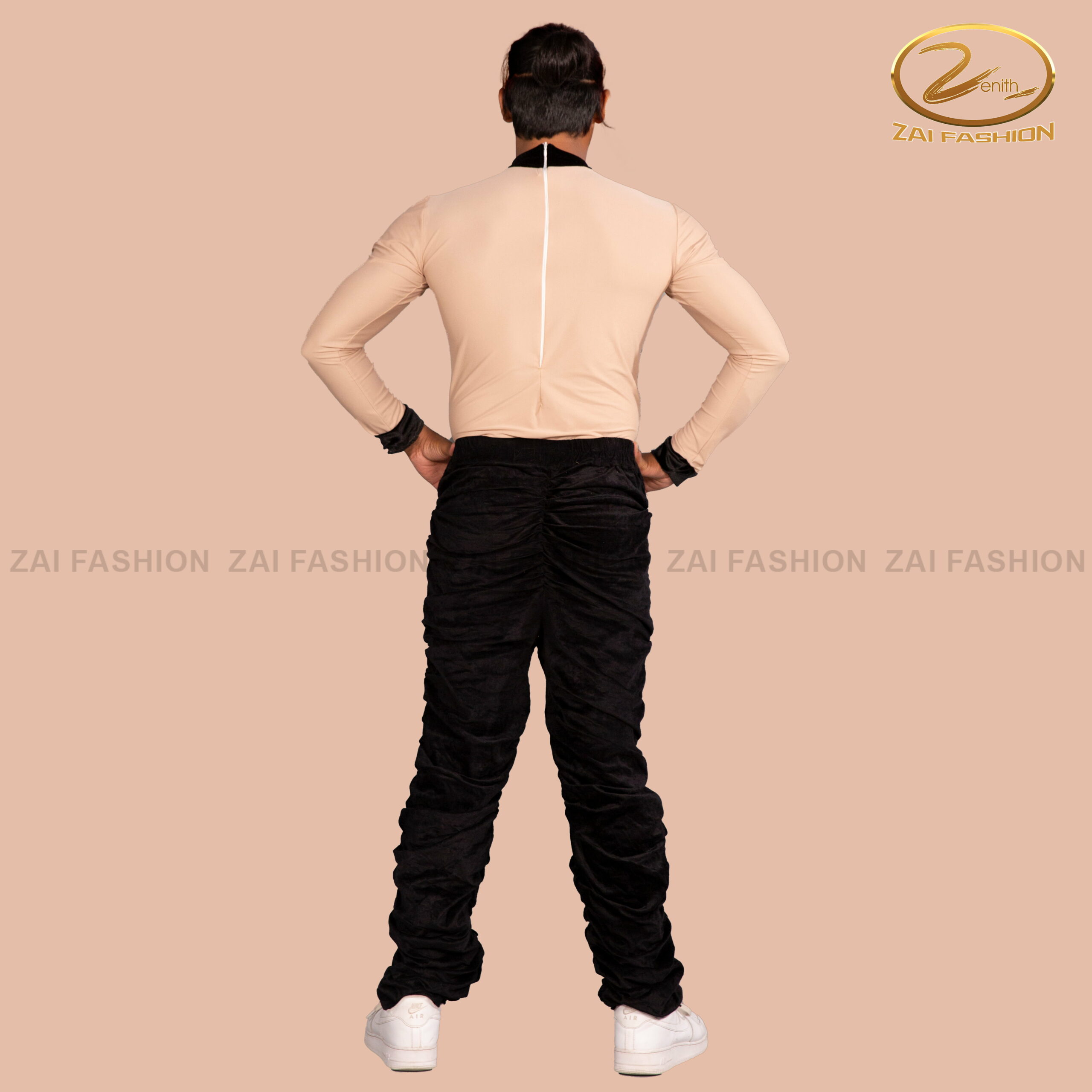 Black Pleated Trousers and Peach Front Cut-out Shirt Salsa Costume - Image 4