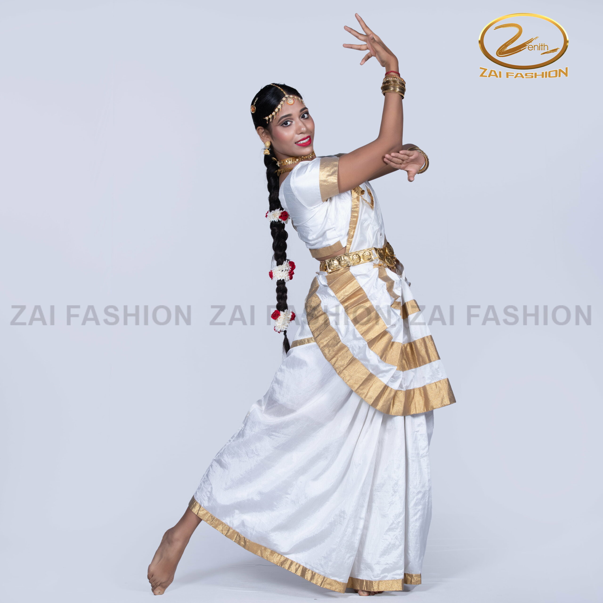 White & Golden Mohiniyattam Women Dance Costume - Image 4