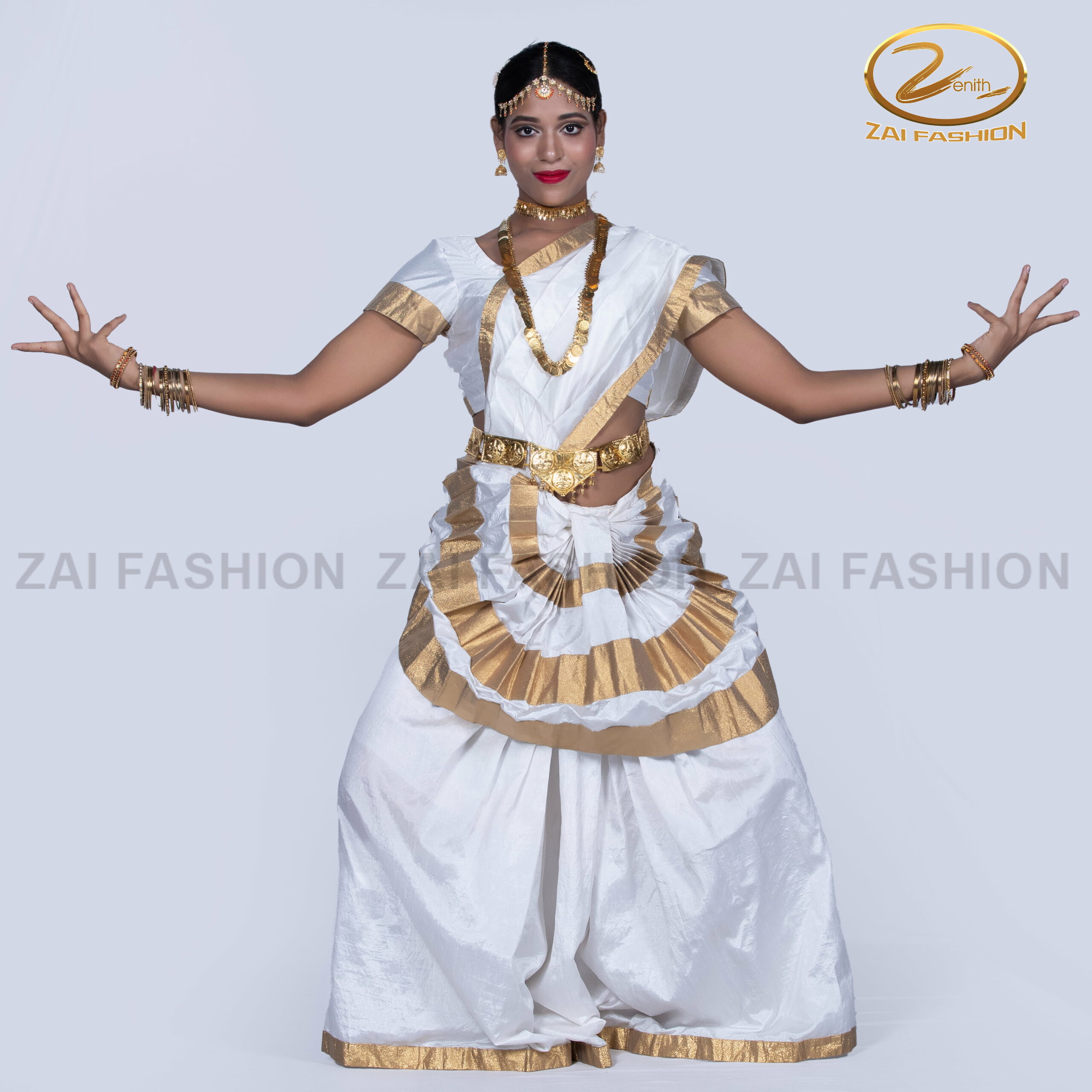 White & Golden Mohiniyattam Women Dance Costume