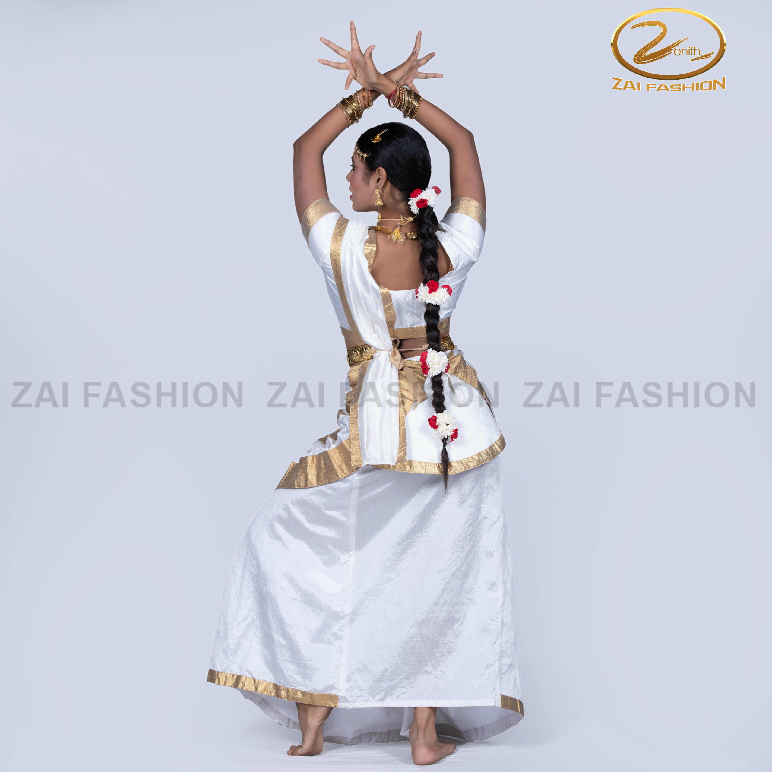 White & Golden Mohiniyattam Women Dance Costume - Image 5